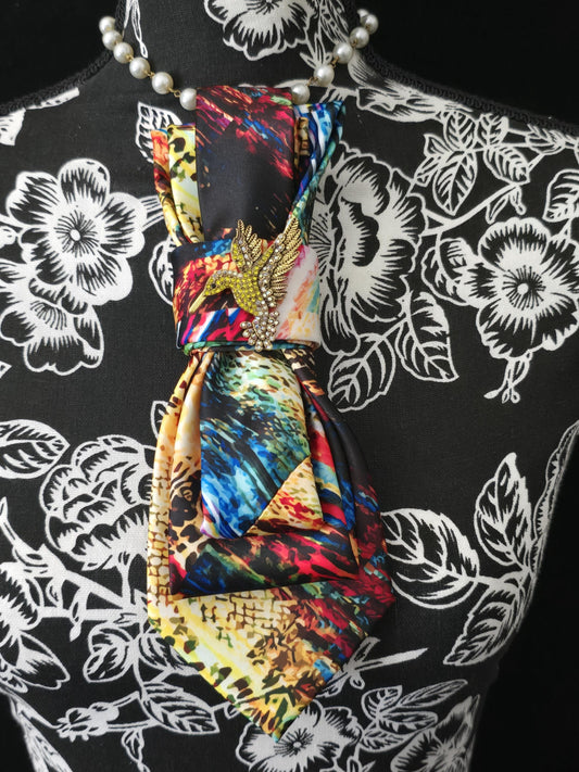 Handmade Silk Tie Necklace: Rhinestone Hummingbird Brooch - Multi-Color Neckwear