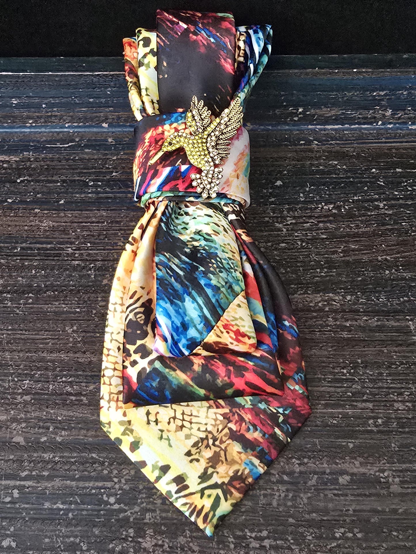 Handmade Silk Tie Necklace: Rhinestone Hummingbird Brooch - Multi-Color Neckwear