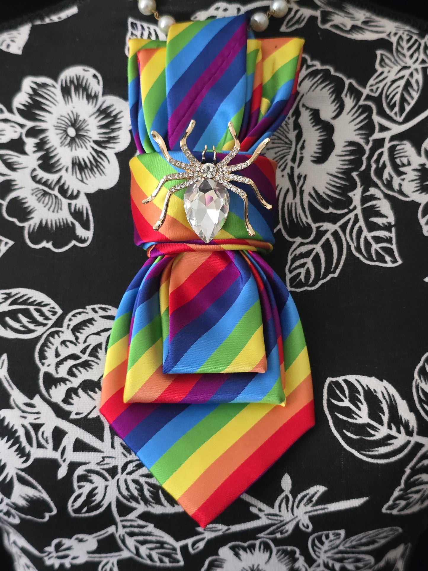 Rainbow Silk Tie Necklace: Spider Brooch, Pearl Accent