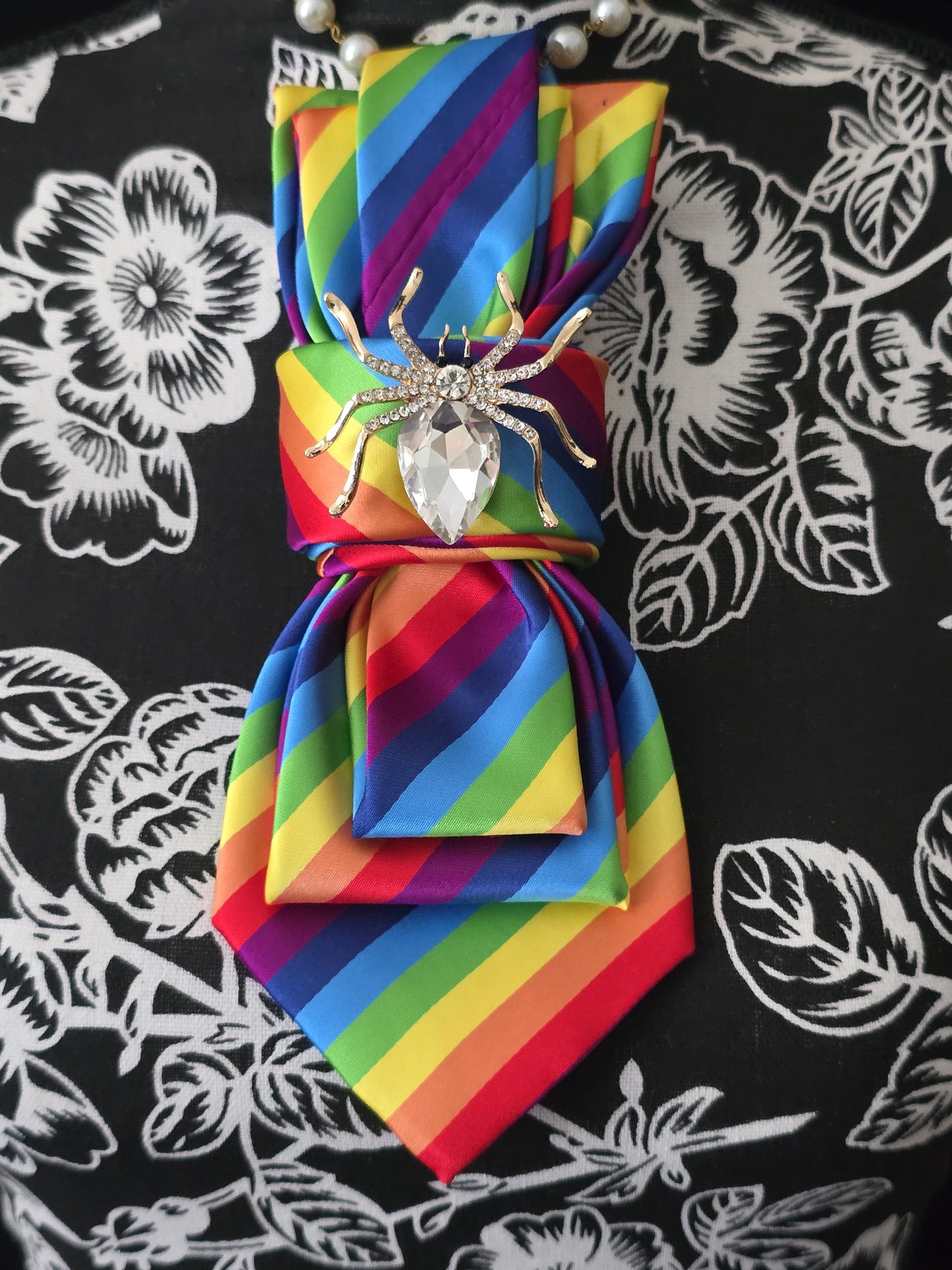 Rainbow Silk Tie Necklace: Spider Brooch, Pearl Accent
