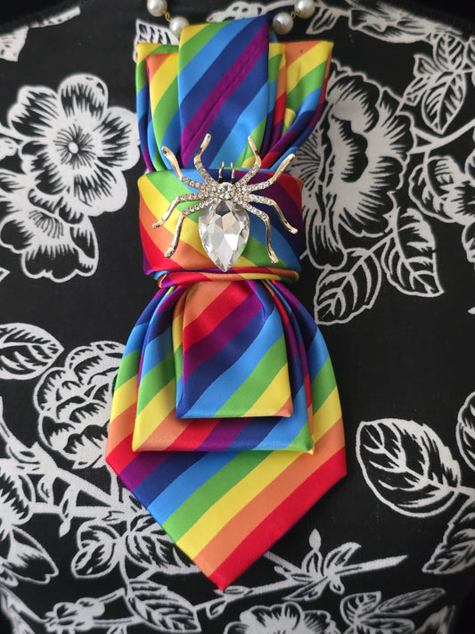Rainbow Silk Tie Necklace: Spider Brooch, Pearl Accent