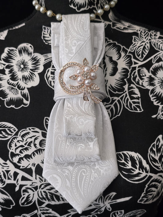 White Silk Necktie Necklace: Pearl Brooch, Adjustable Rosary Chain