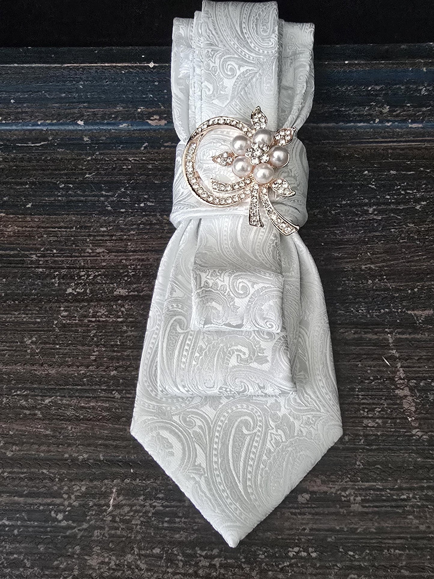 White Silk Necktie Necklace: Pearl Brooch, Adjustable Rosary Chain