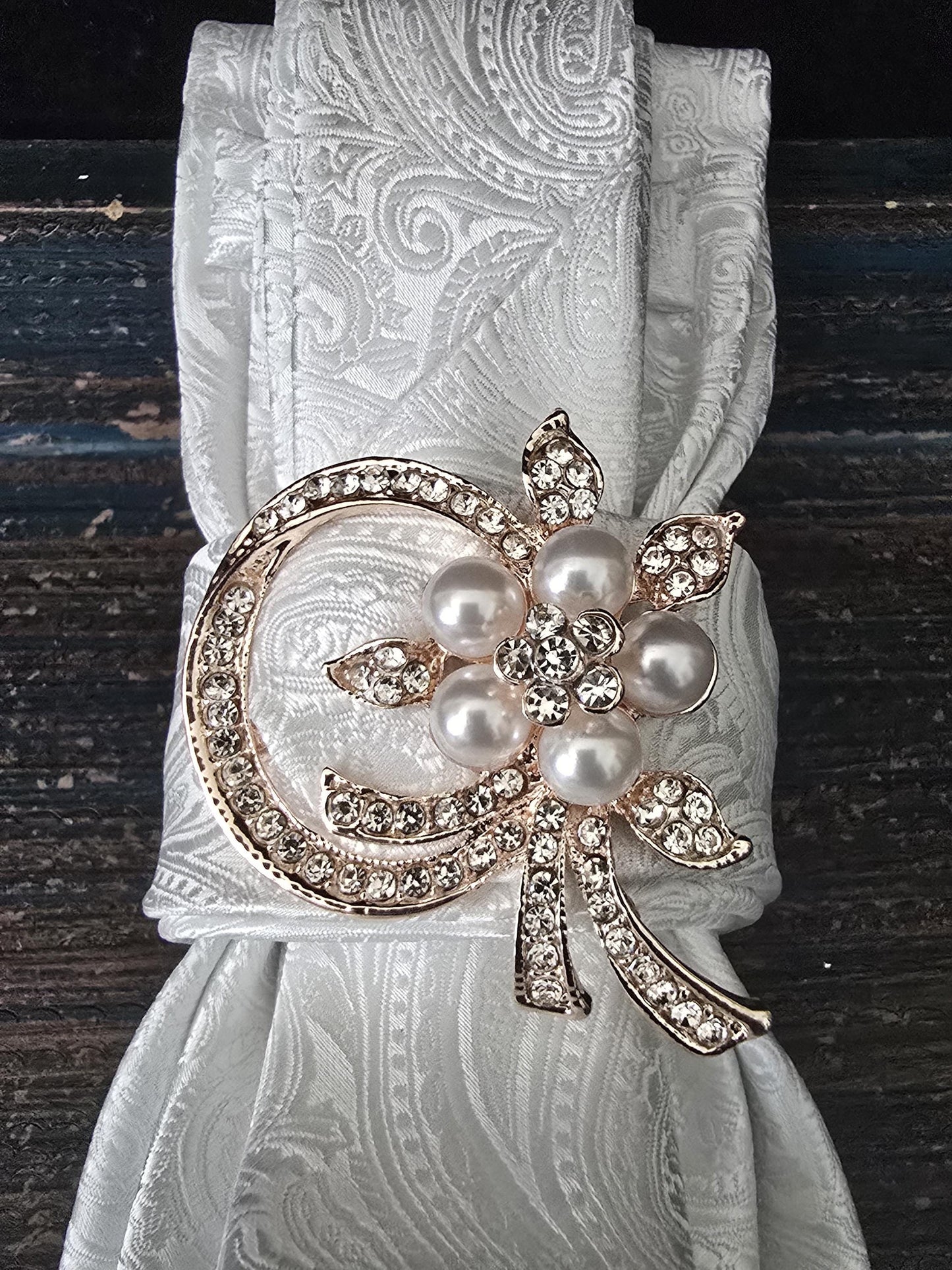 White Silk Necktie Necklace: Pearl Brooch, Adjustable Rosary Chain