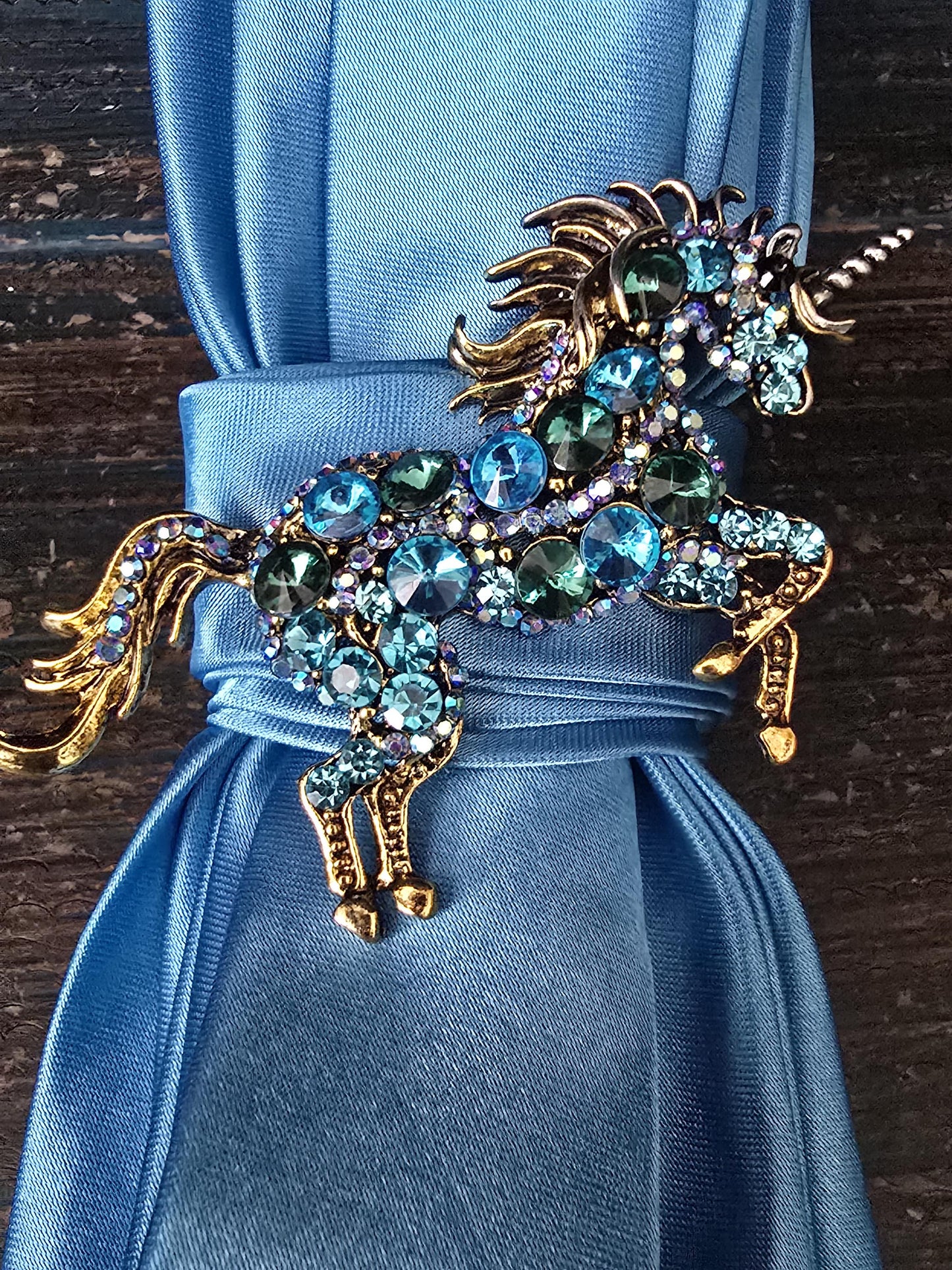 Blue Unicorn Brooch Necktie Necklace: Silk Tie, Rhinestone, Pearl Option