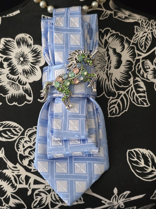 Blue & White Silk Necktie Necklace: Unicorn Brooch, Rhinestone Rosary Chain