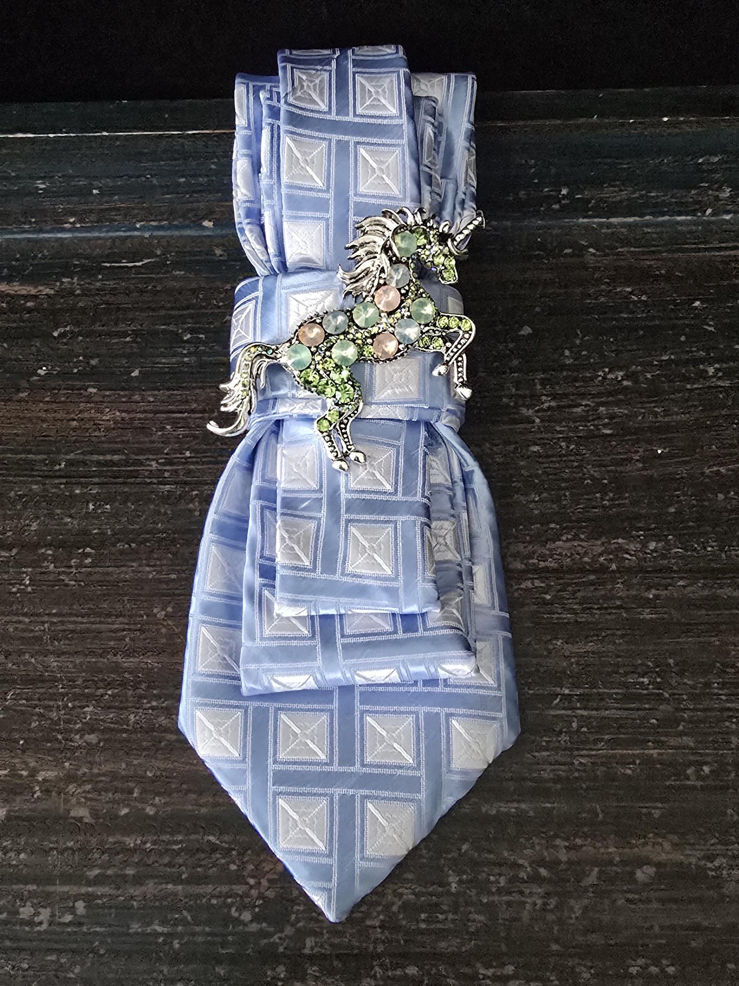 Blue & White Silk Necktie Necklace: Unicorn Brooch, Rhinestone Rosary Chain