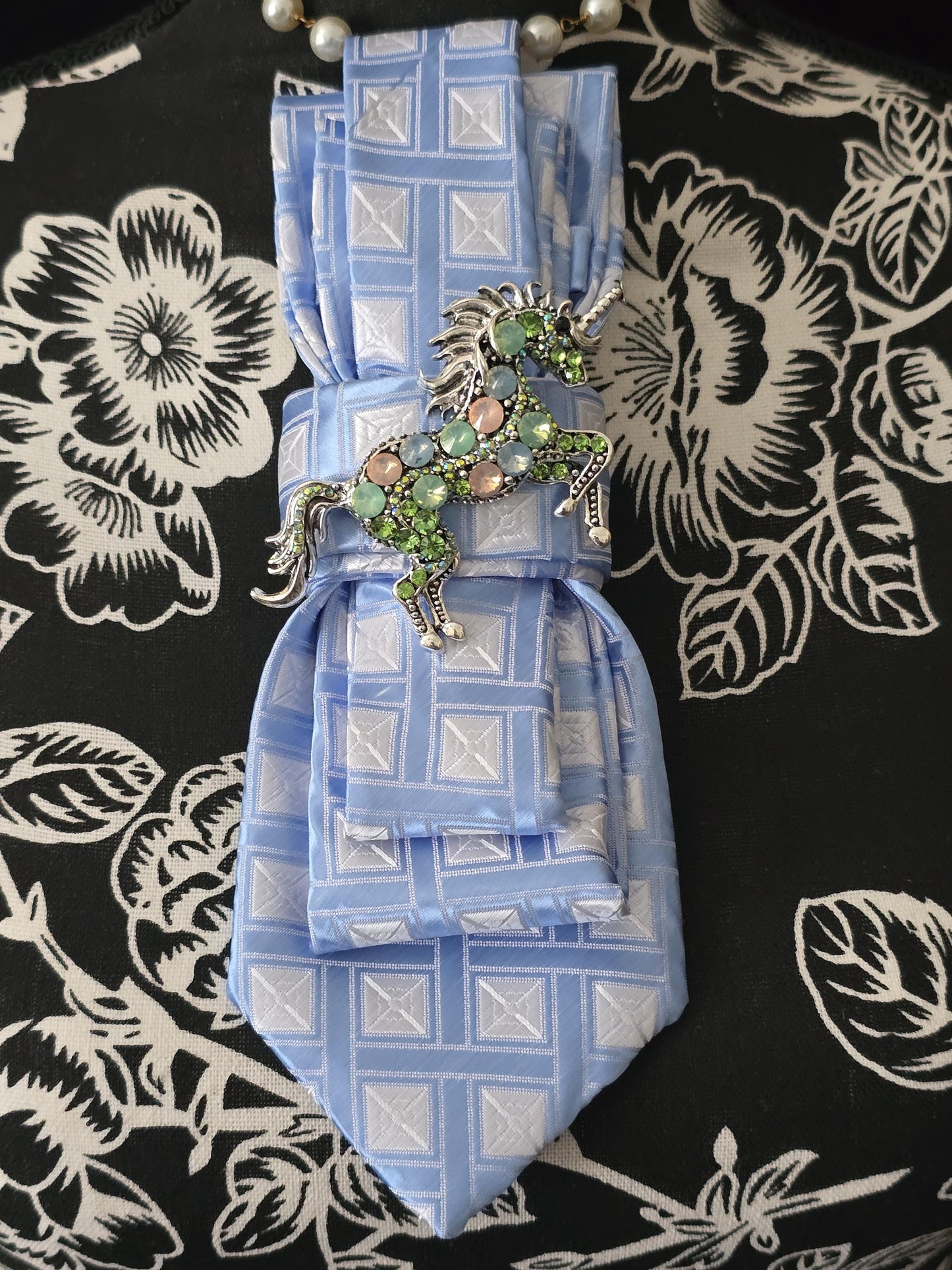 Blue & White Silk Necktie Necklace: Unicorn Brooch, Rhinestone Rosary Chain