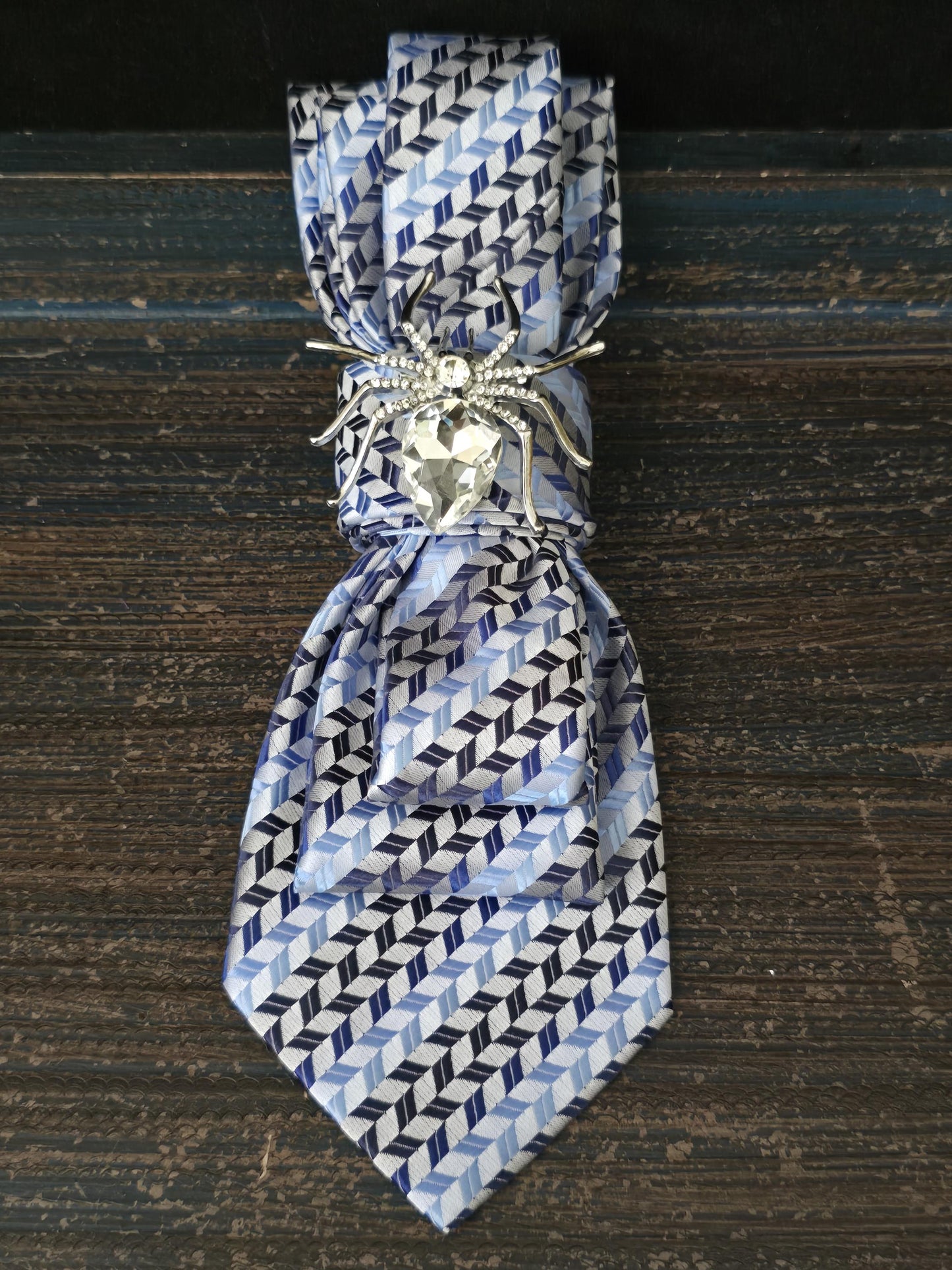 Simple Blue Stripe Women's Tie- Crystal Brooch Necklace - Brooch Necktie - Stylish Neckwear For Women