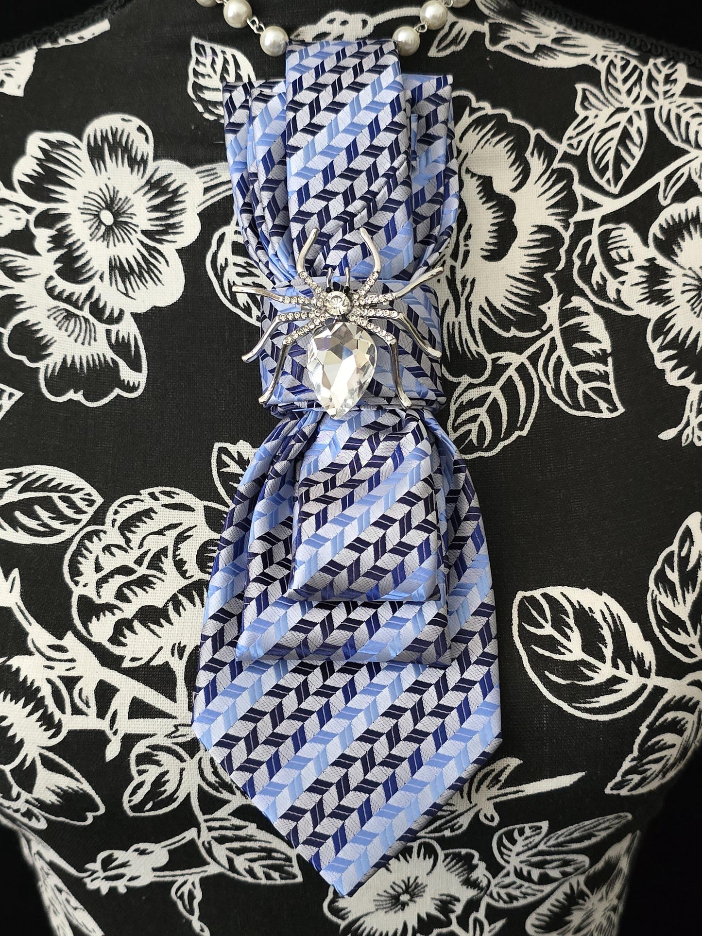 Simple Blue Stripe Women's Tie- Crystal Brooch Necklace - Brooch Necktie - Stylish Neckwear For Women