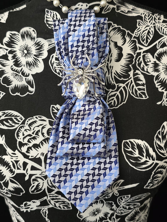 Simple Blue Stripe Women's Tie- Crystal Brooch Necklace - Brooch Necktie - Stylish Neckwear For Women