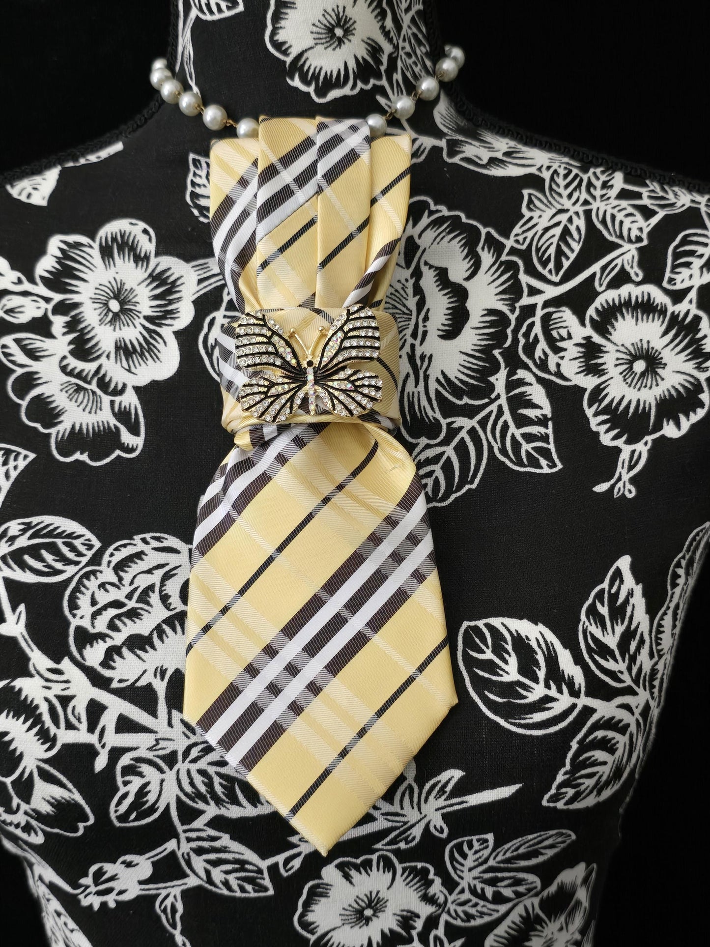 Yellow and Black Plaid Women's Necktie Necklace - Handcrafted Jewelry - Brooch Necktie - Stylish Neckwear For Women
