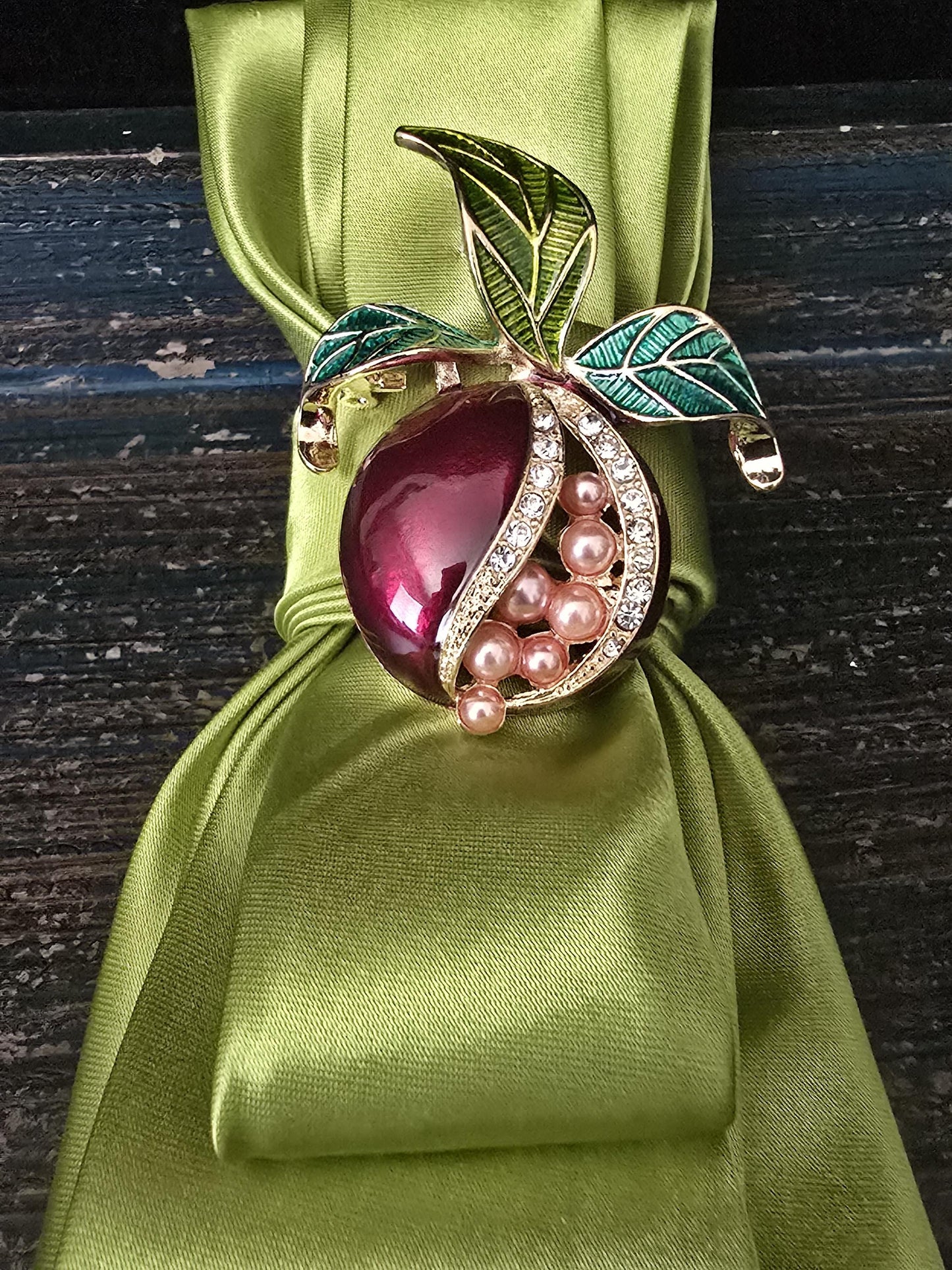 Army Green Satin Tie Necklace: Pearl Pomegranate Brooch, Adjustable Neckwear