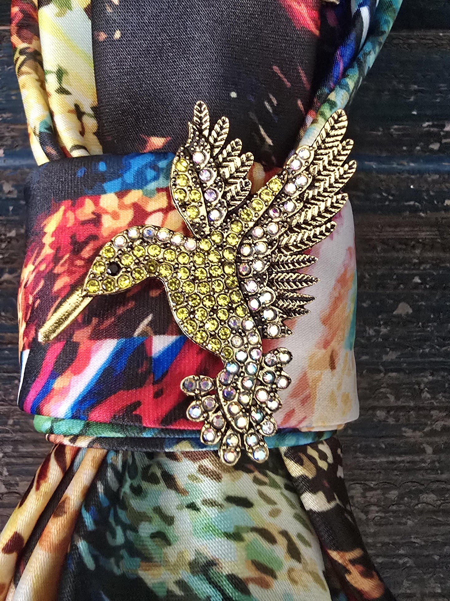 Handmade Silk Tie Necklace: Rhinestone Hummingbird Brooch - Multi-Color Neckwear