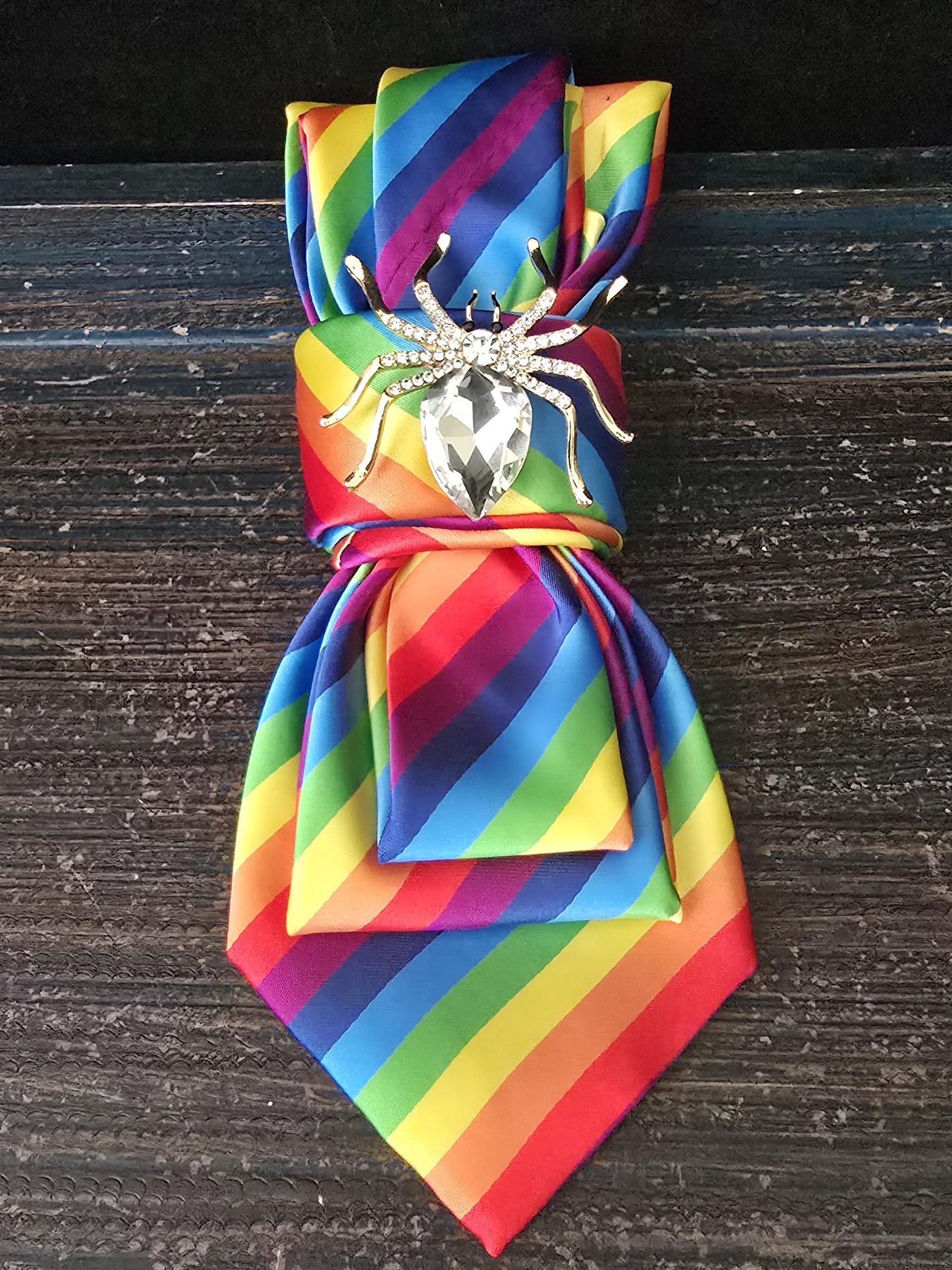Rainbow Silk Tie Necklace: Spider Brooch, Pearl Accent