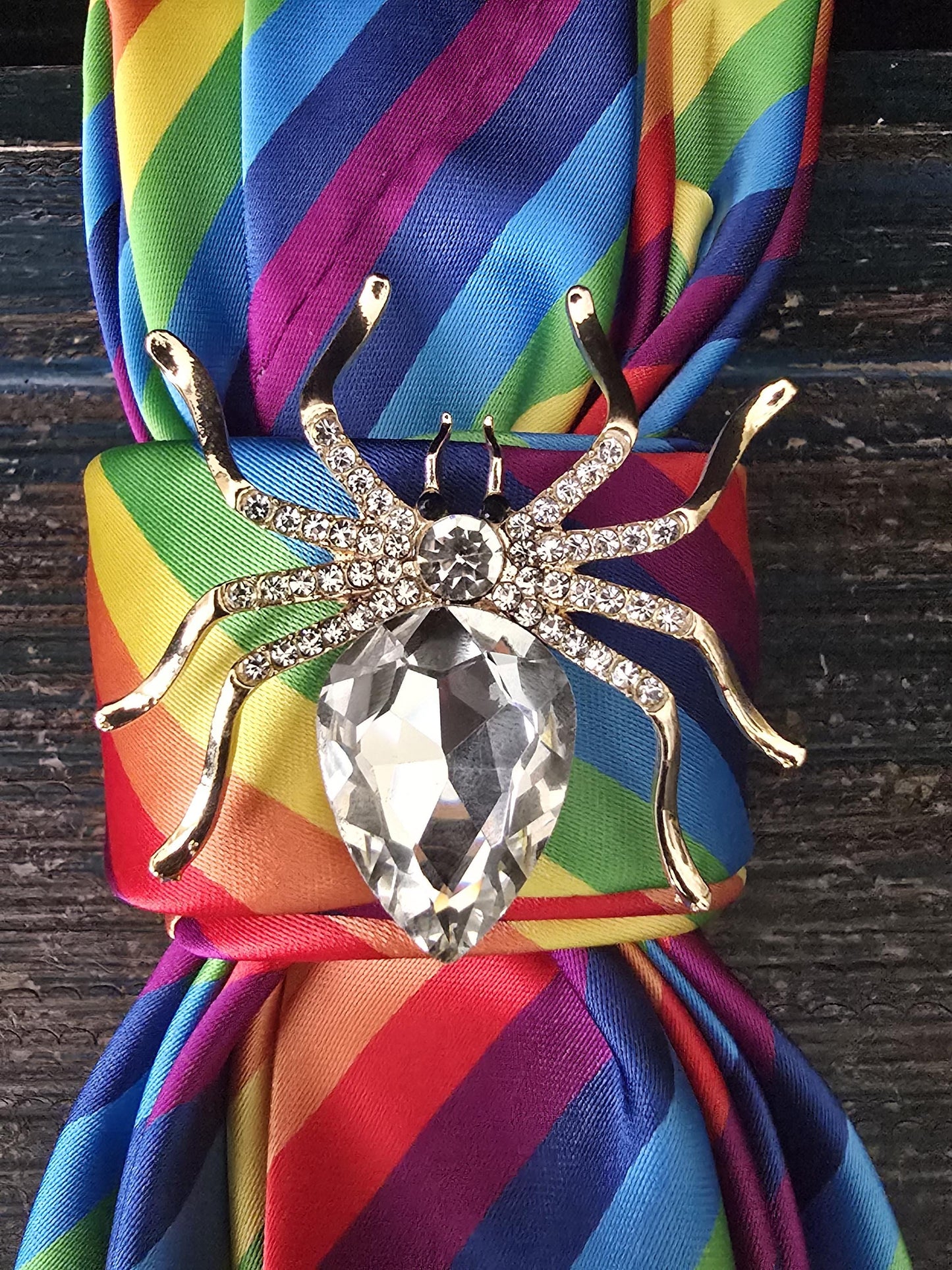 Rainbow Silk Tie Necklace: Spider Brooch, Pearl Accent