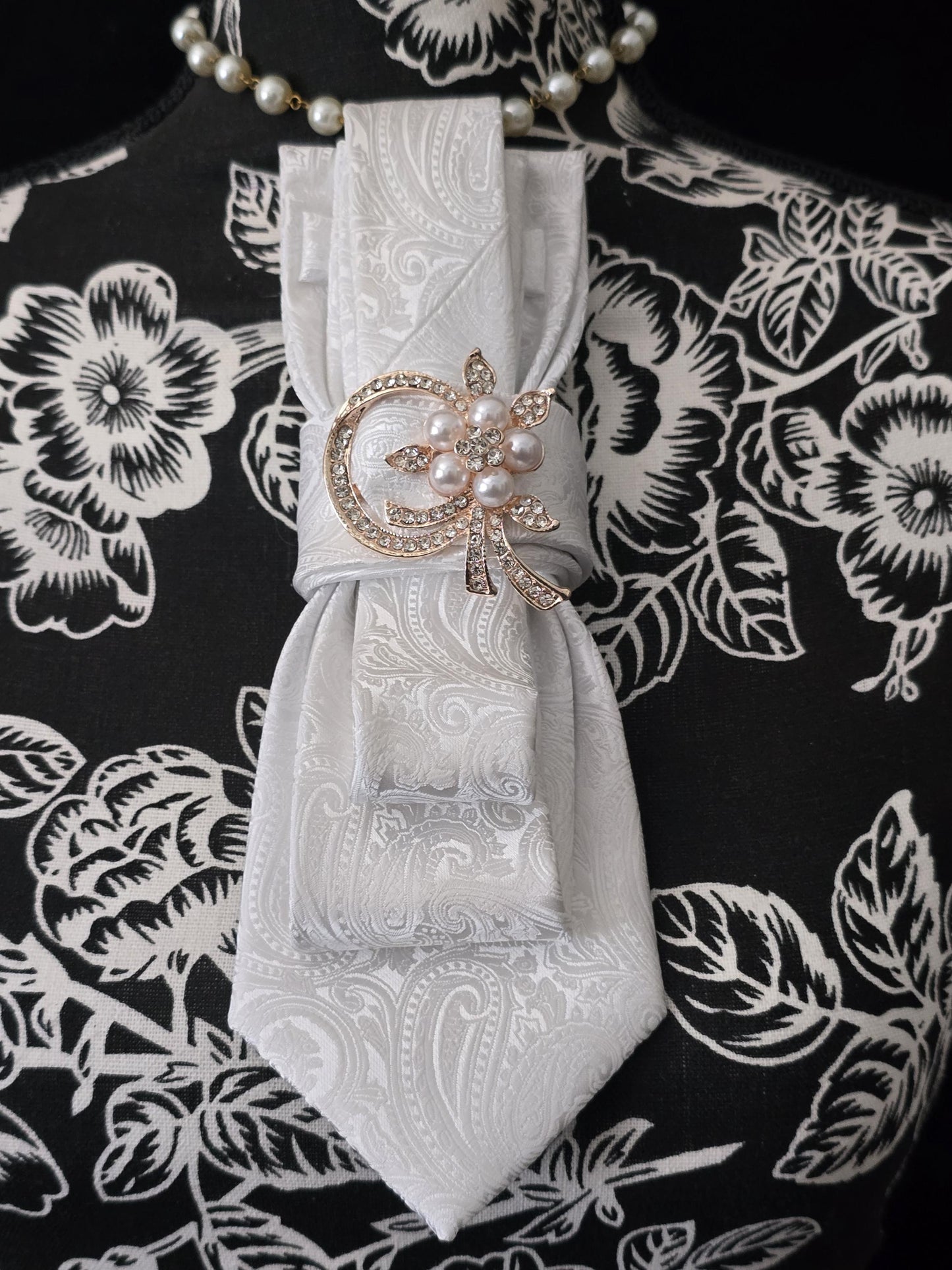 White Silk Necktie Necklace: Pearl Brooch, Adjustable Rosary Chain