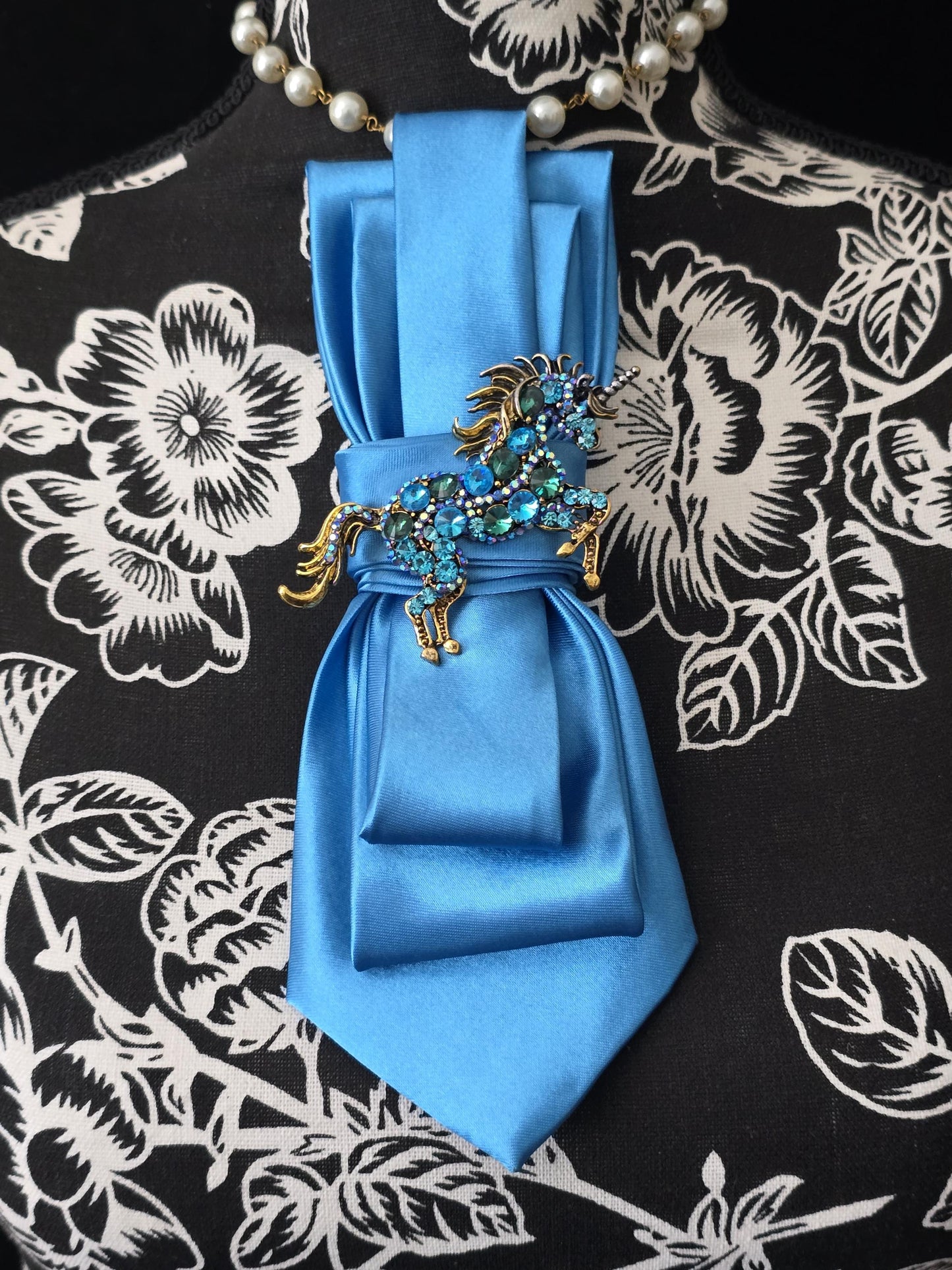 Blue Unicorn Brooch Necktie Necklace: Silk Tie, Rhinestone, Pearl Option