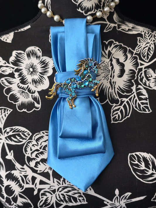 Blue Unicorn Brooch Necktie Necklace: Silk Tie, Rhinestone, Pearl Option
