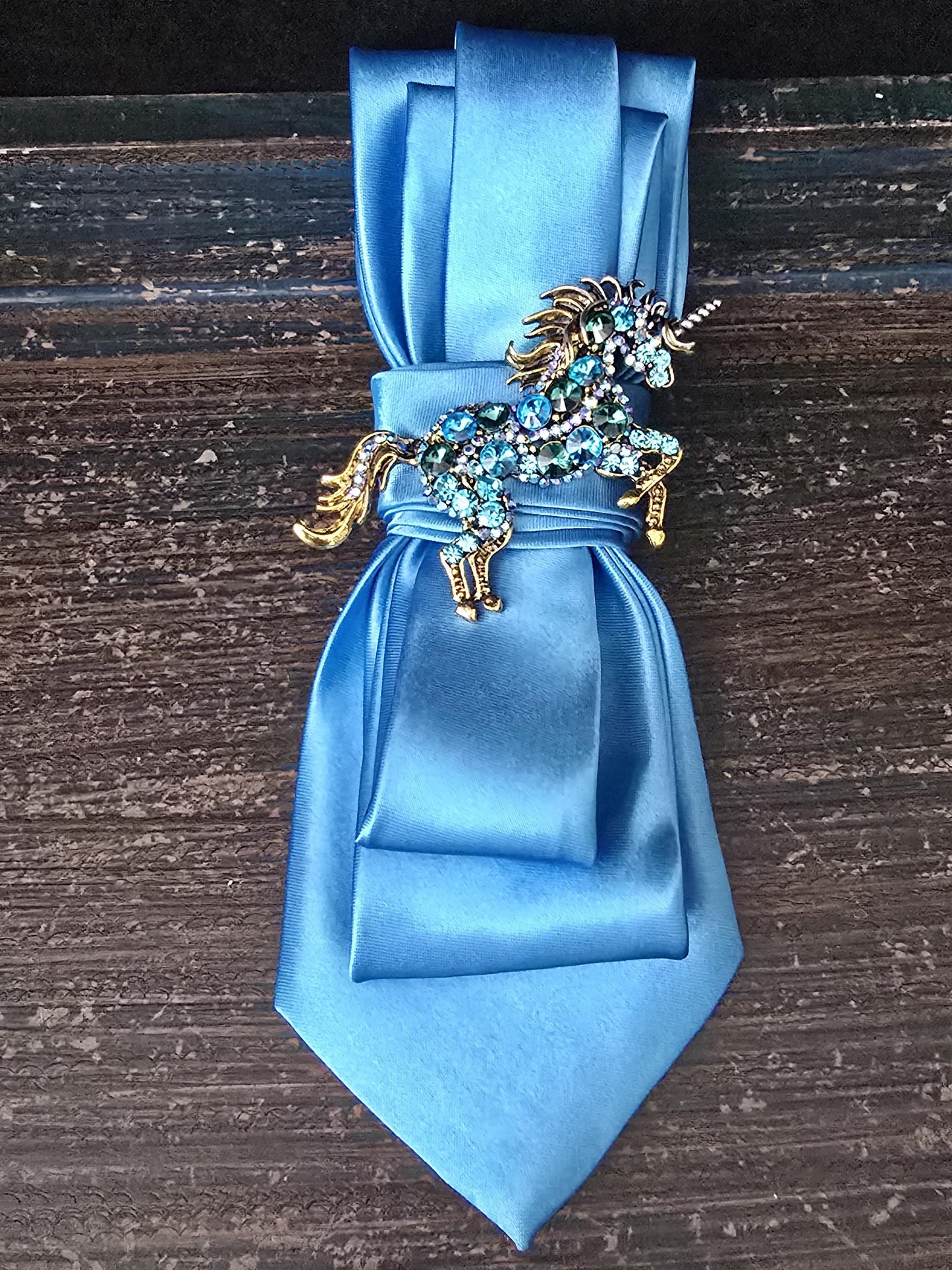 Blue Unicorn Brooch Necktie Necklace: Silk Tie, Rhinestone, Pearl Option