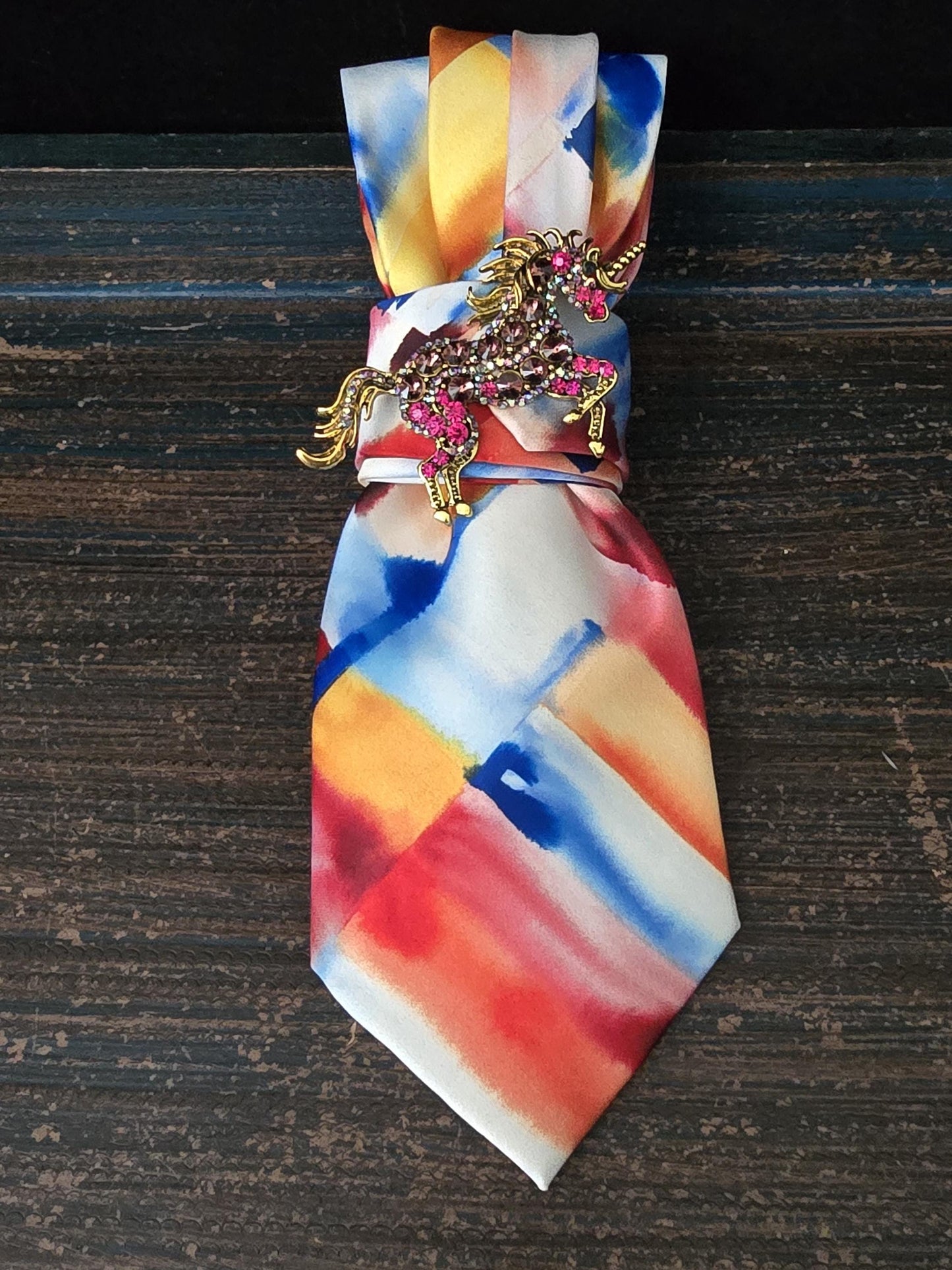 Unicorn Brooch Necktie Necklace: Red Rhinestone, Silk Tie