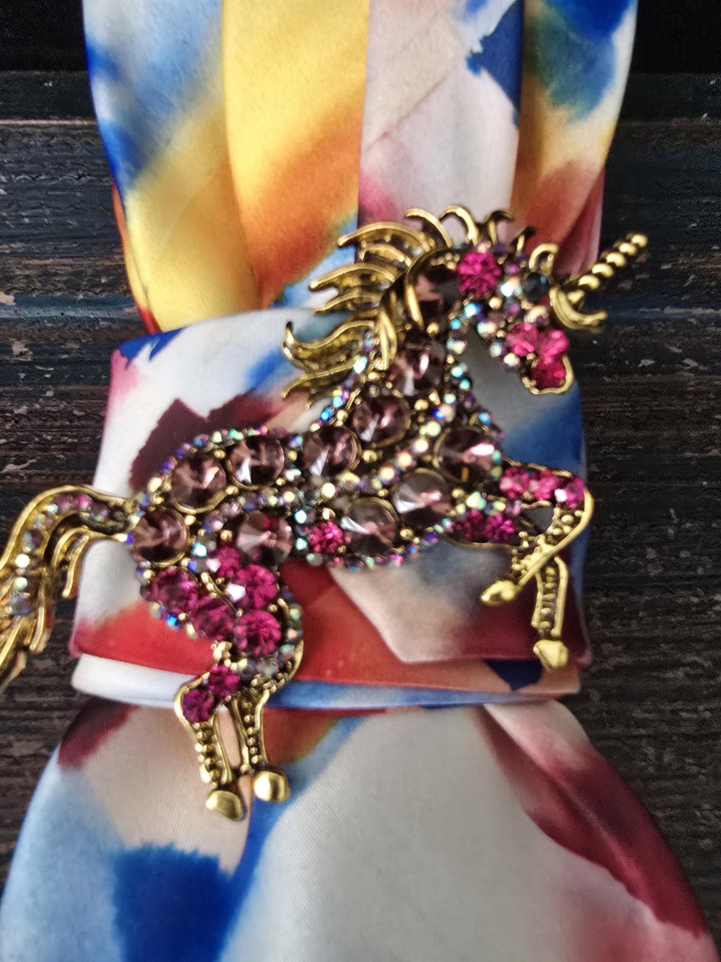 Unicorn Brooch Necktie Necklace: Red Rhinestone, Silk Tie