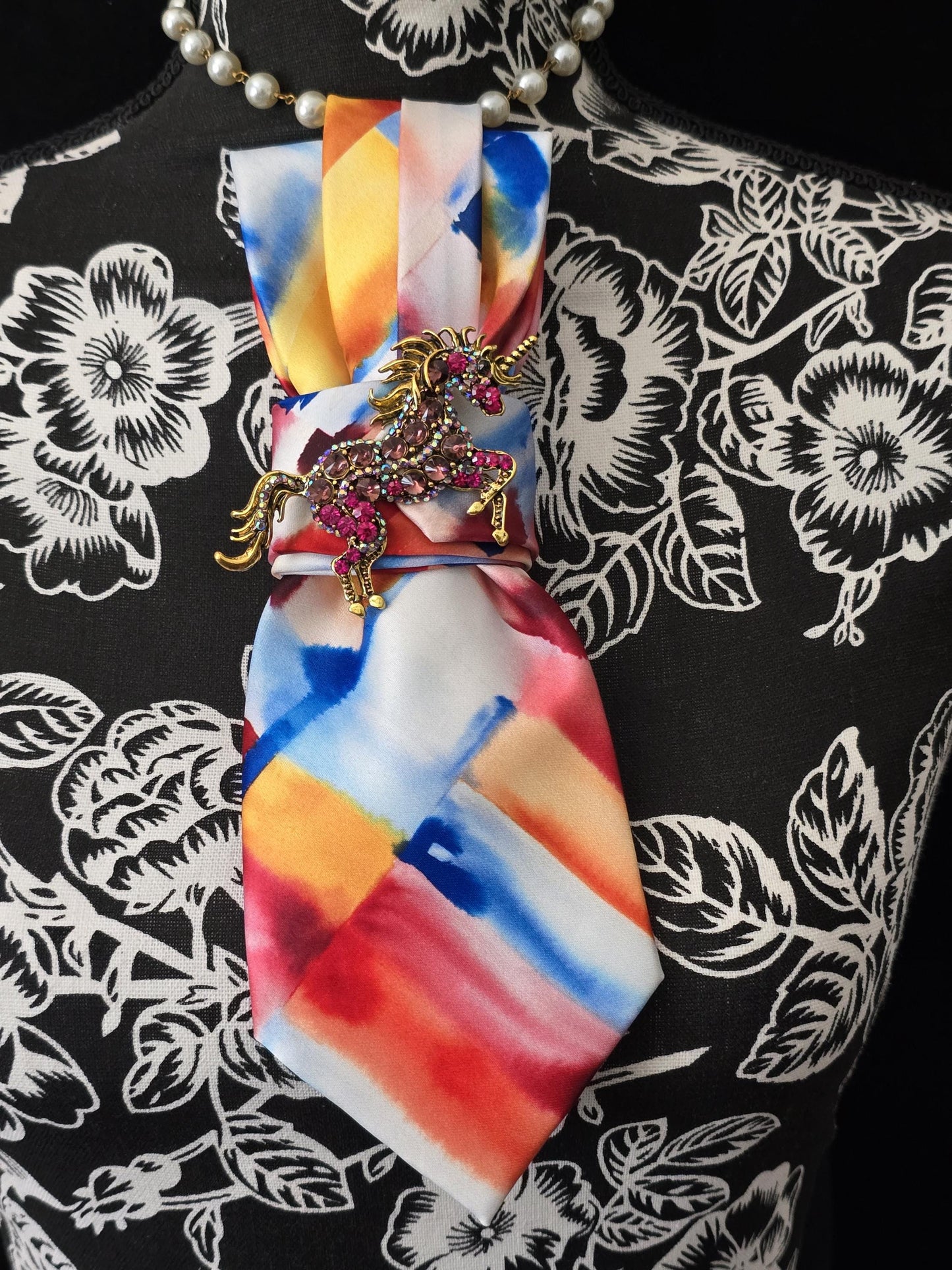 Unicorn Brooch Necktie Necklace: Red Rhinestone, Silk Tie