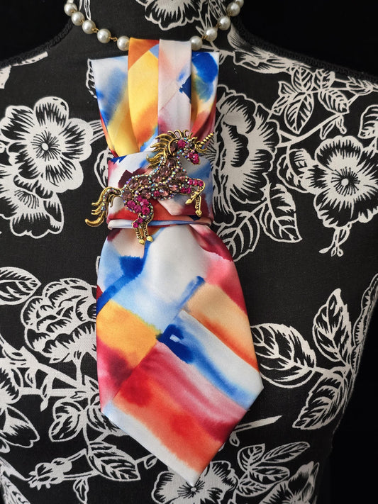Unicorn Brooch Necktie Necklace: Red Rhinestone, Silk Tie