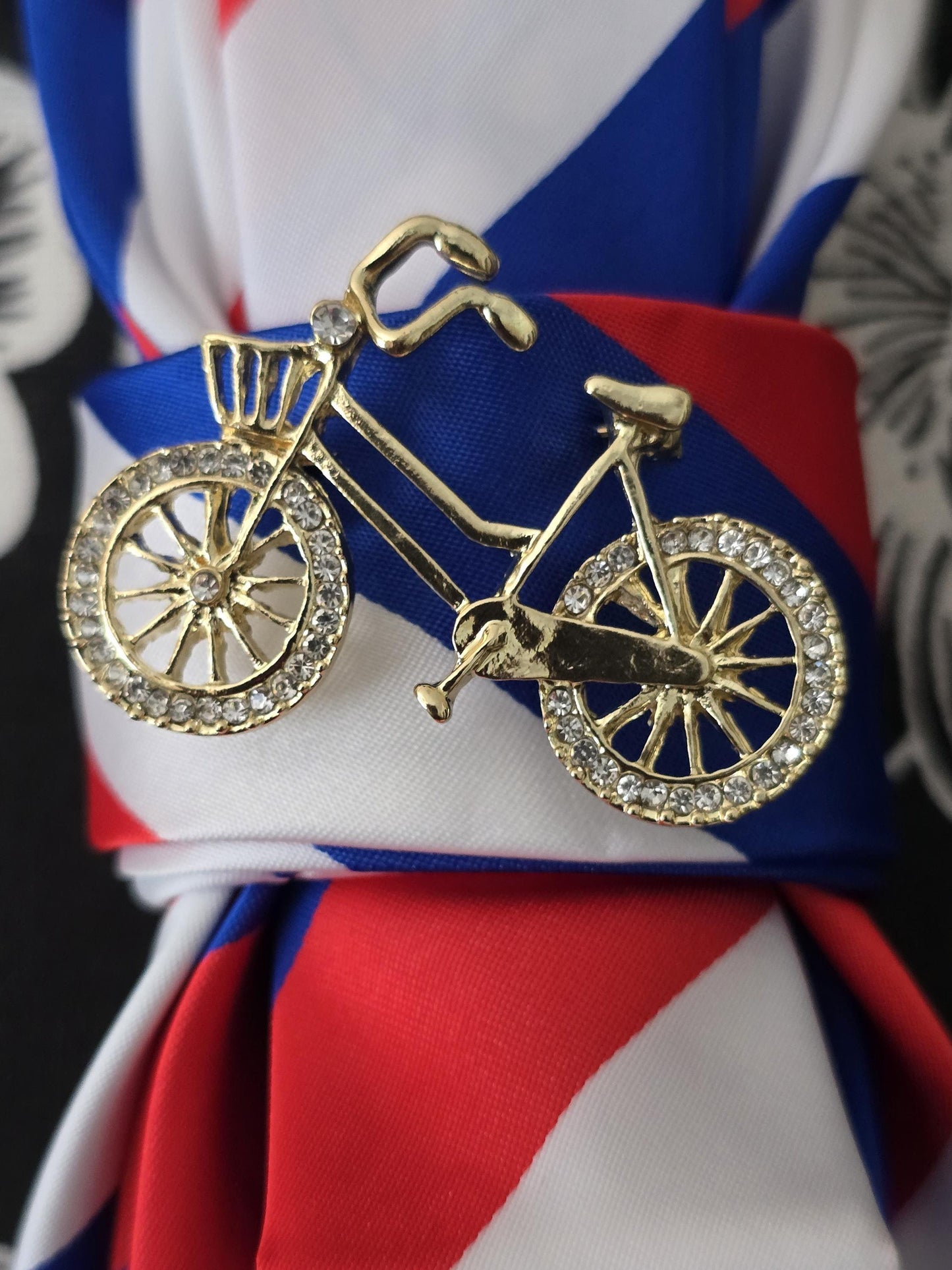 Red, Blue, White Stripe Silk Necktie Necklace: Bicycle Brooch, Adjustable
