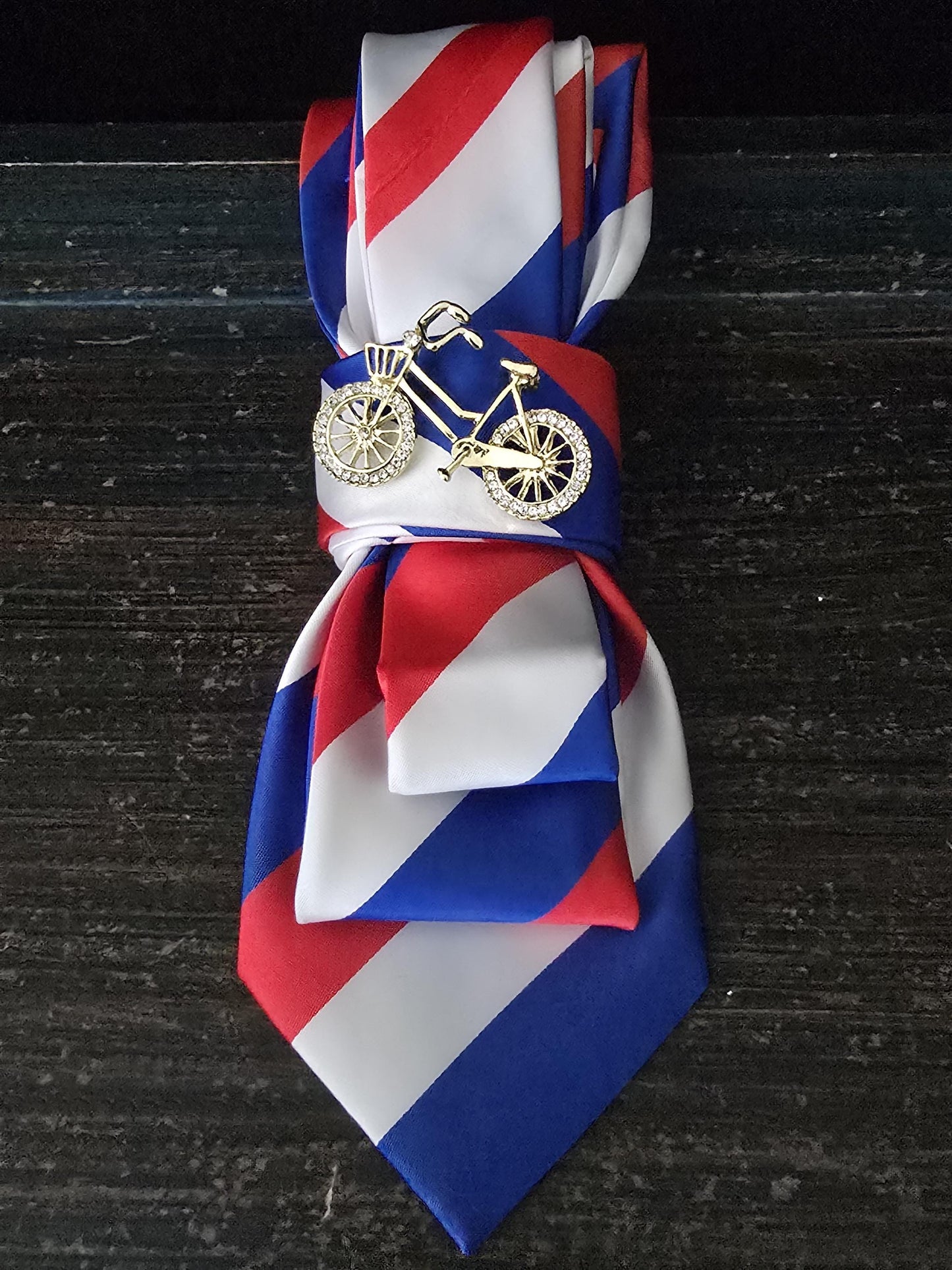 Red, Blue, White Stripe Silk Necktie Necklace: Bicycle Brooch, Adjustable