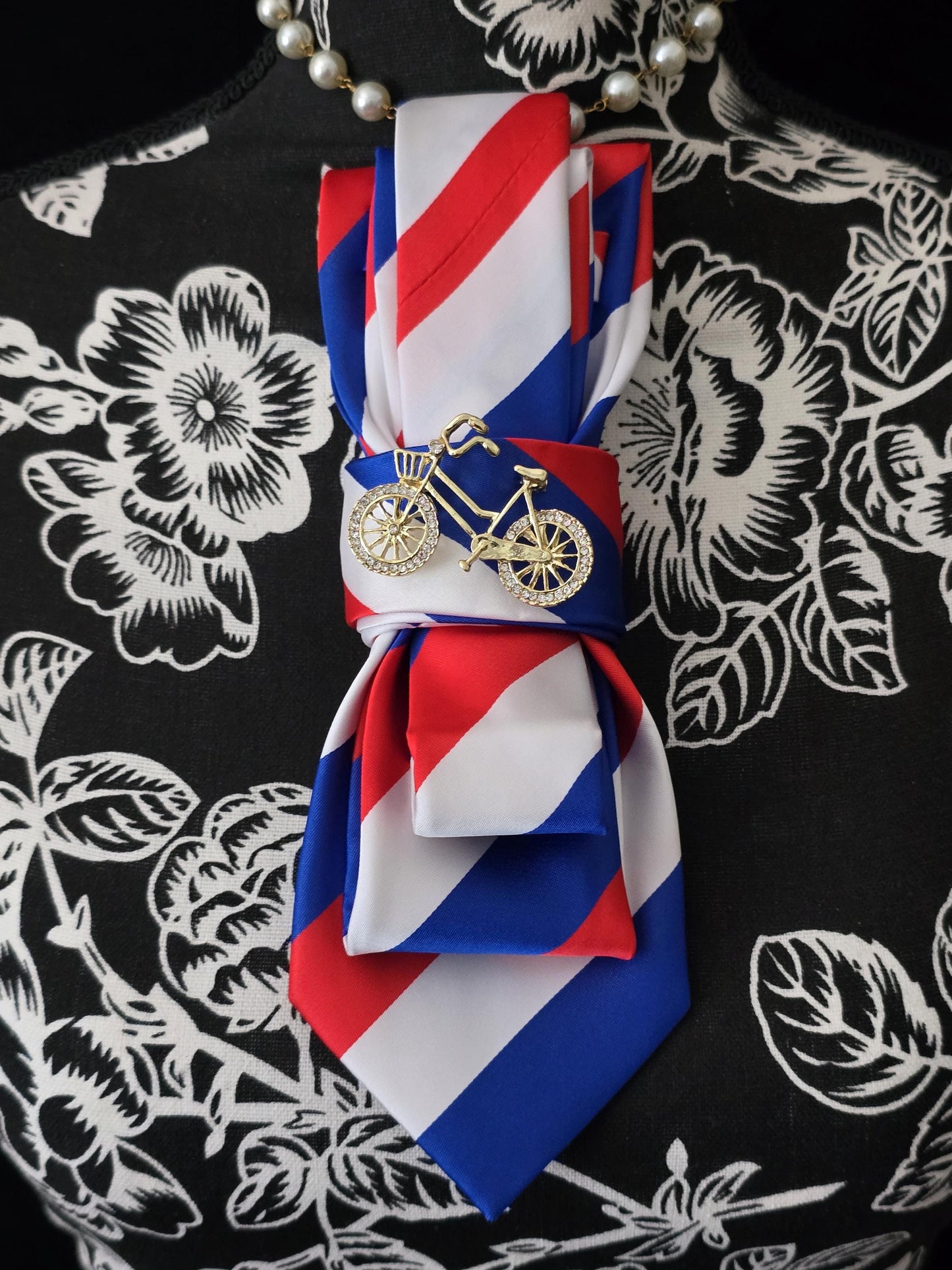 Red, Blue, White Stripe Silk Necktie Necklace: Bicycle Brooch, Adjustable
