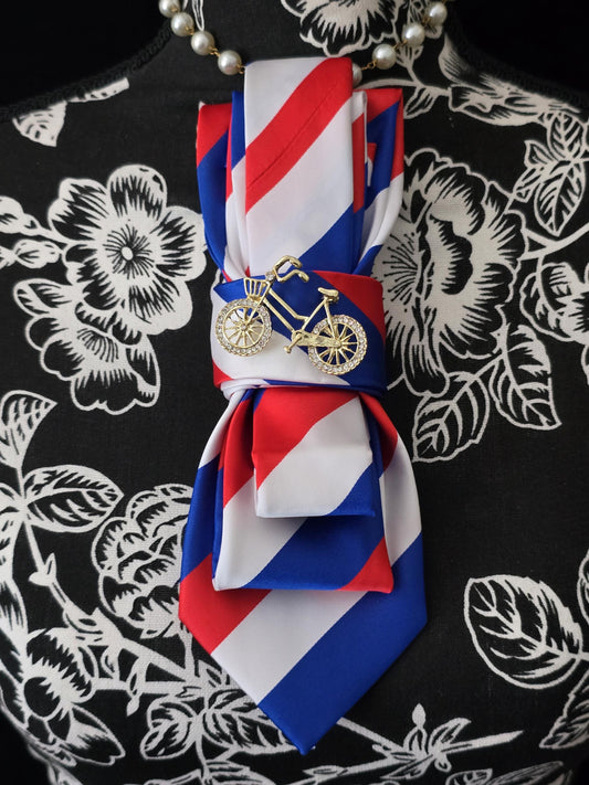 Red, Blue, White Stripe Silk Necktie Necklace: Bicycle Brooch, Adjustable
