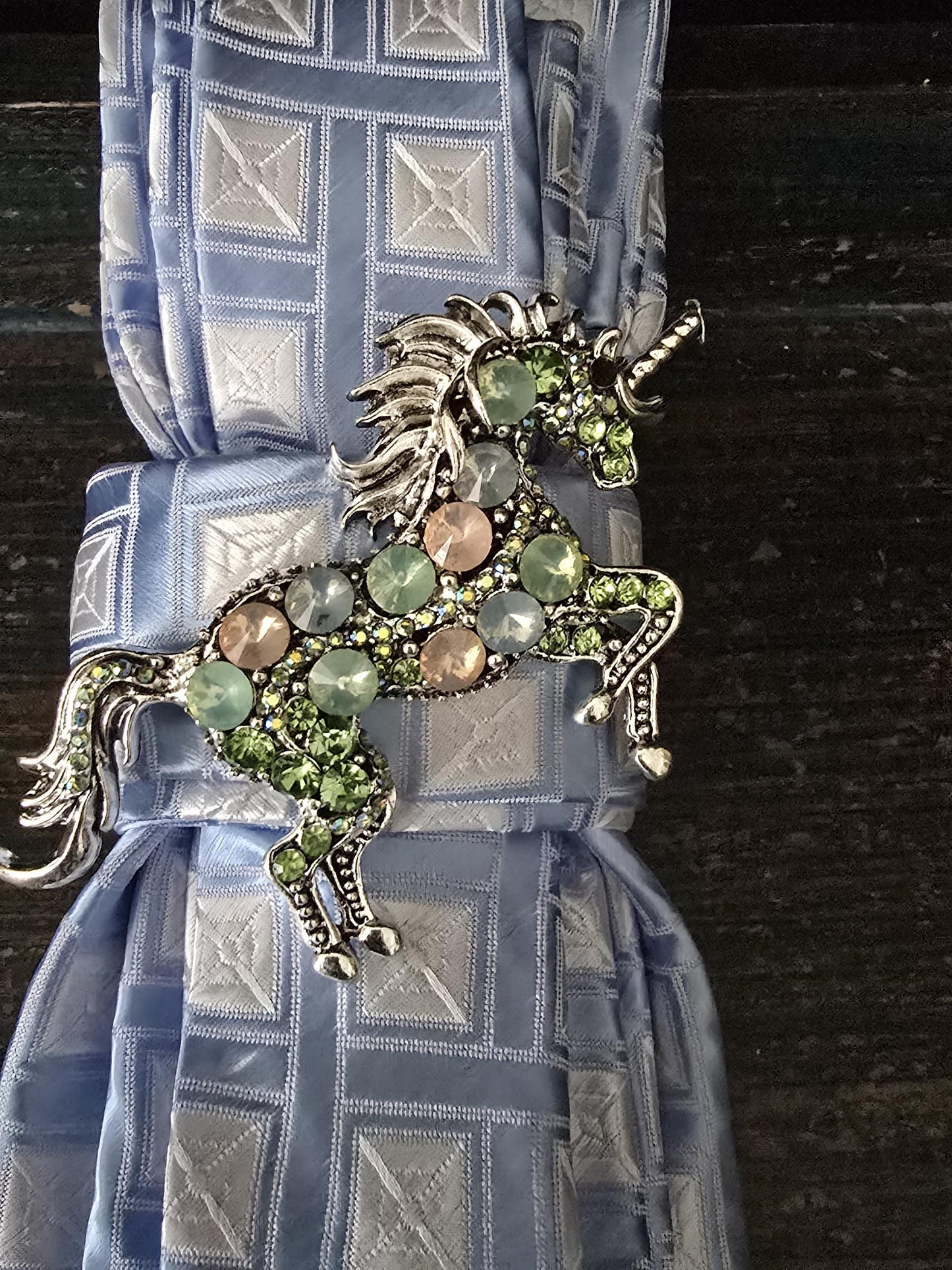 Blue & White Silk Necktie Necklace: Unicorn Brooch, Rhinestone Rosary Chain