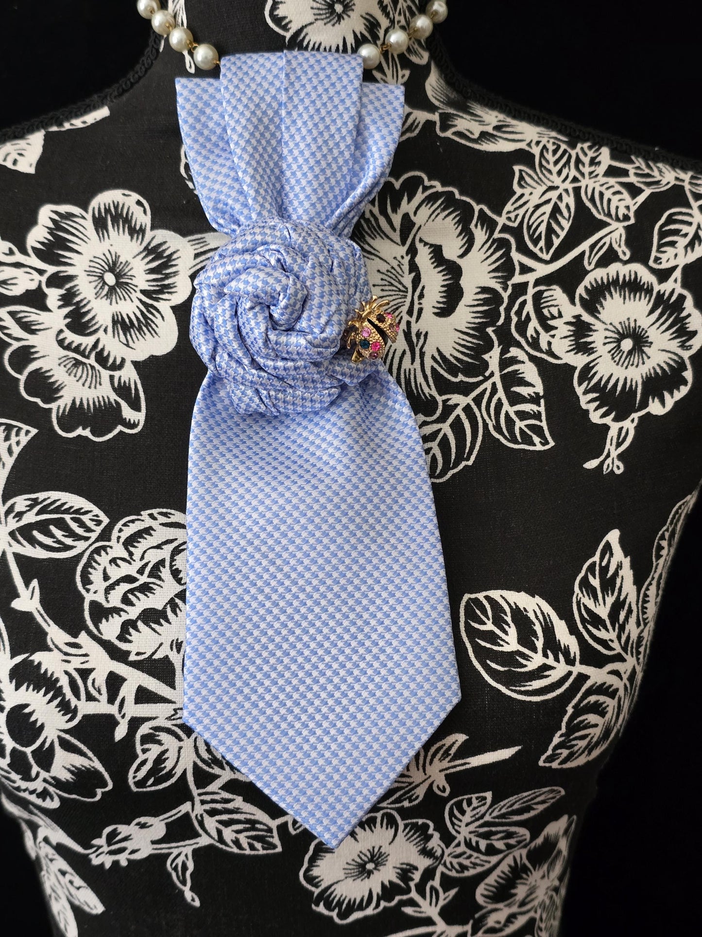 Handcrafted Silk Necktie Necklace: Ladybug Brooch Statement Jewelry