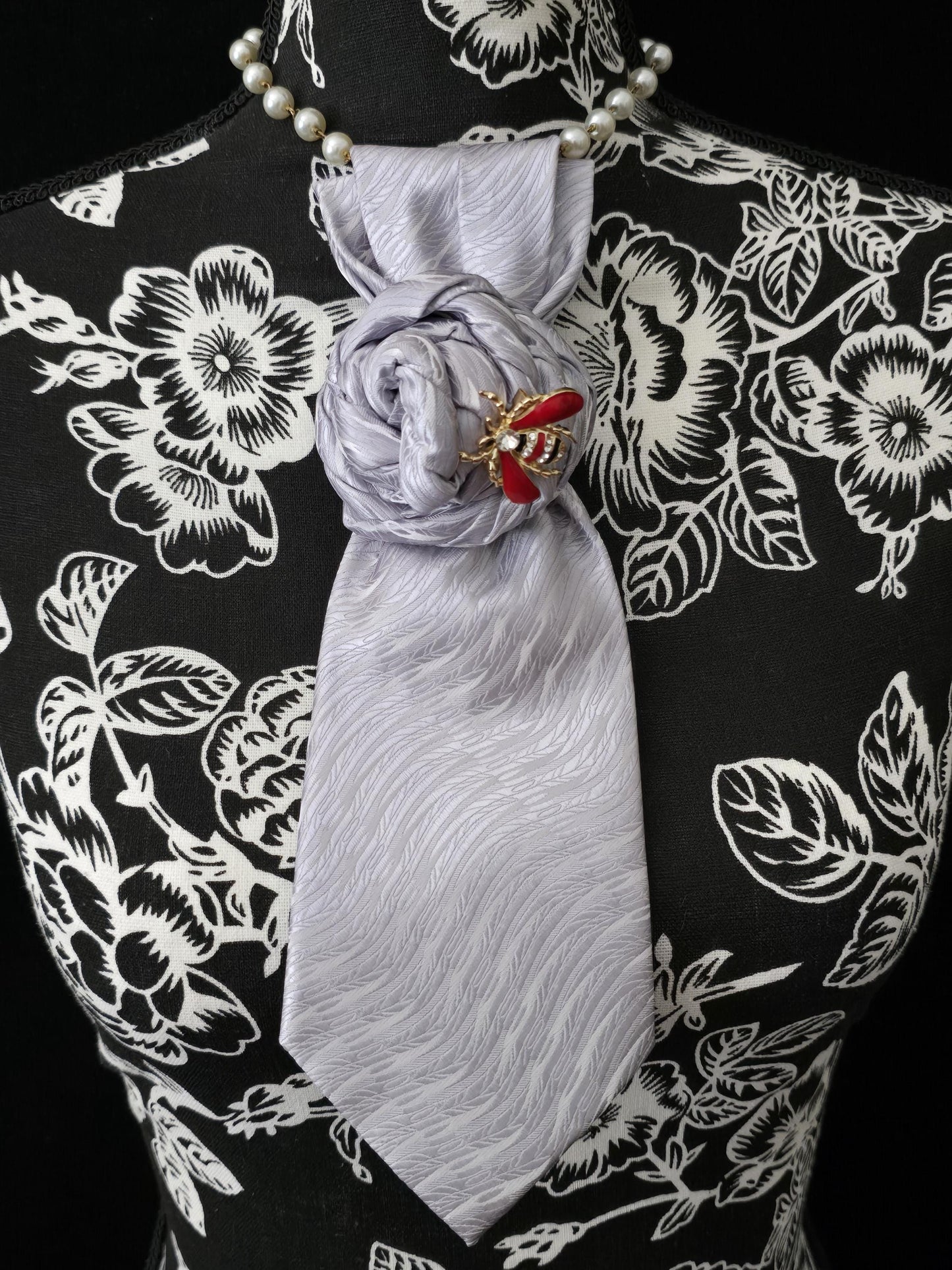 Gray Silk Necktie Necklace: Bumble Bee Brooch, Handmade Statement Jewelry