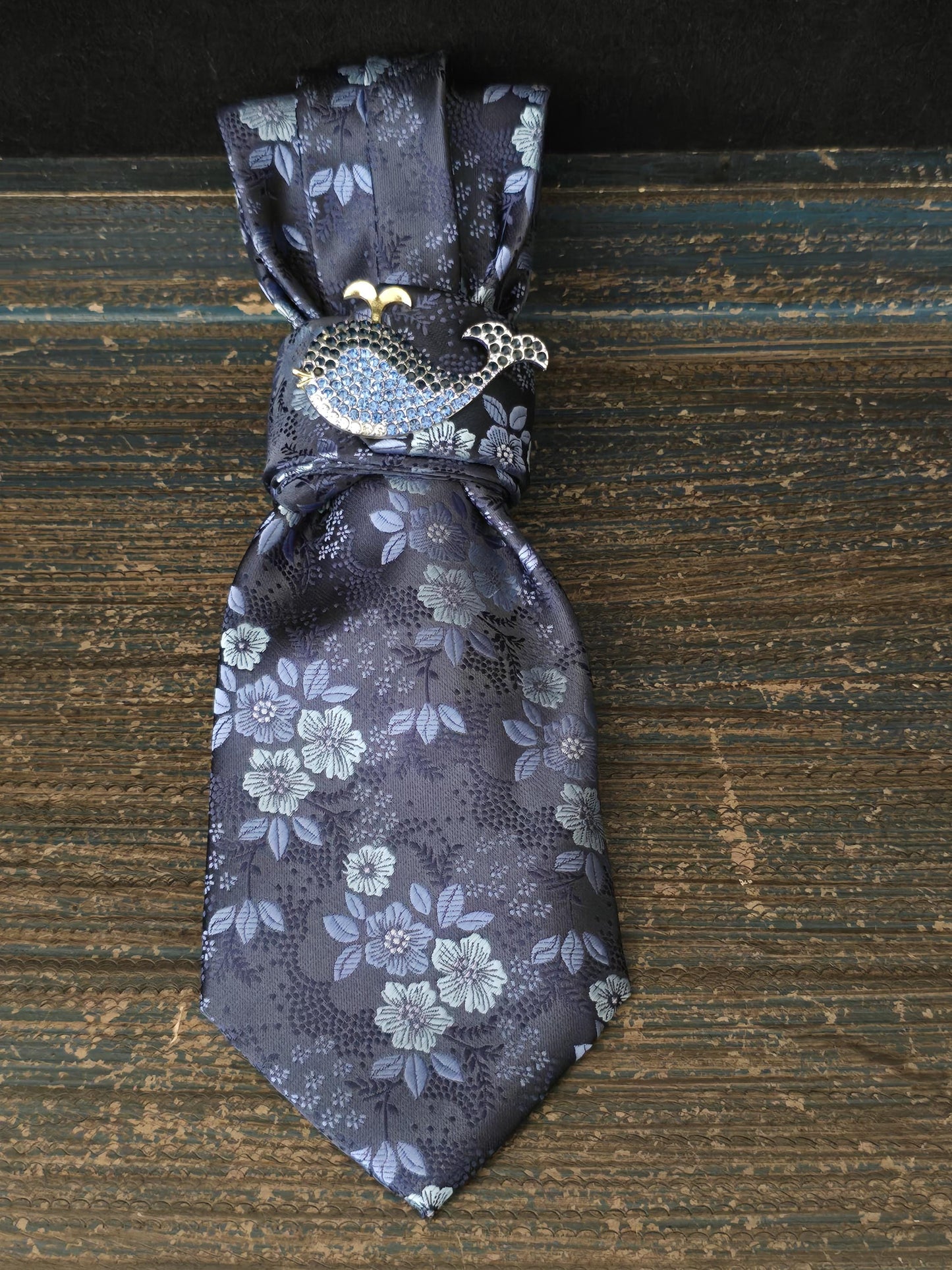 Blue Floral Silk Tie Necklace: Rhinestone Brooch, Handmade Statement Jewelry