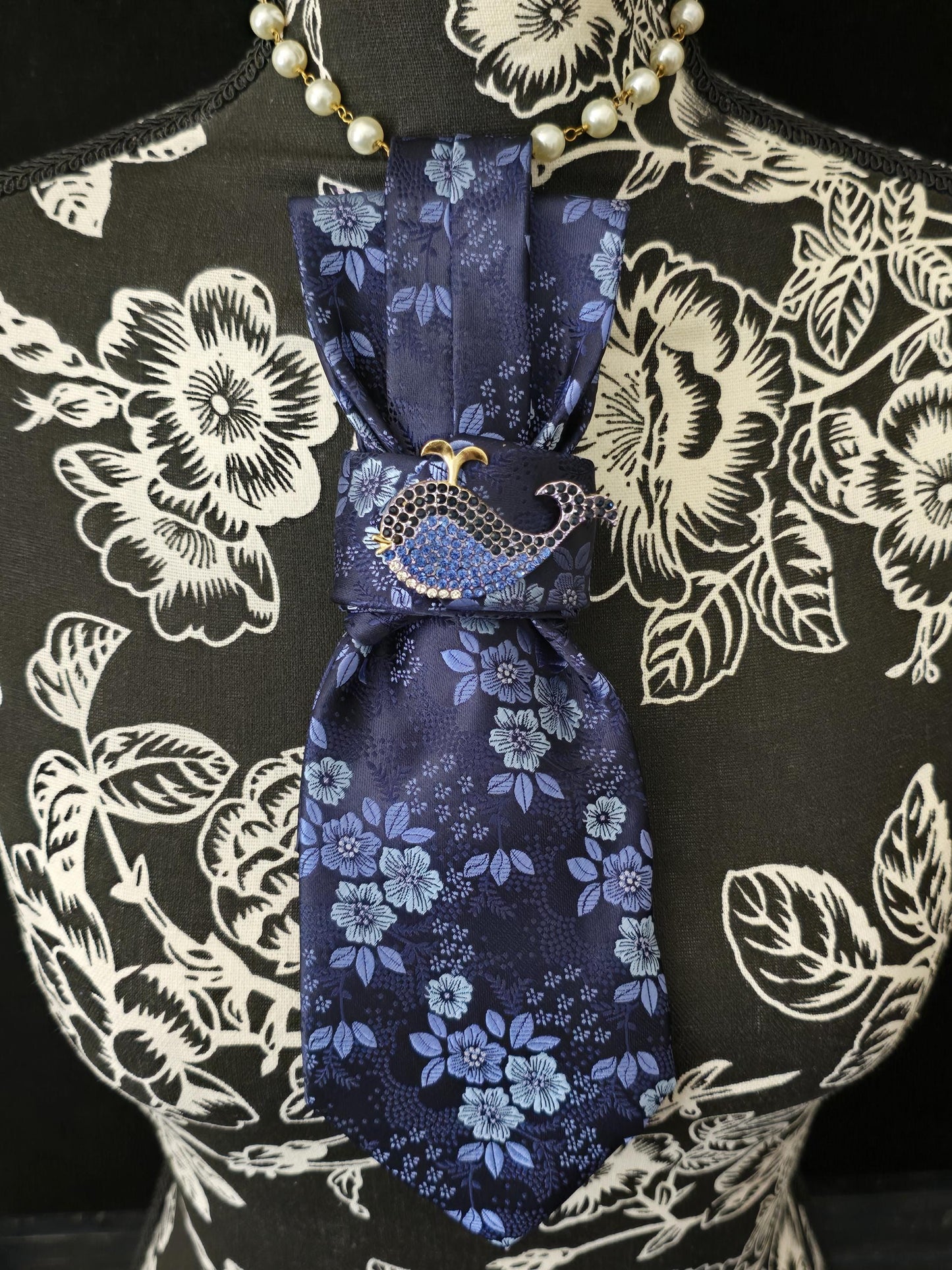 Blue Floral Silk Tie Necklace: Rhinestone Brooch, Handmade Statement Jewelry