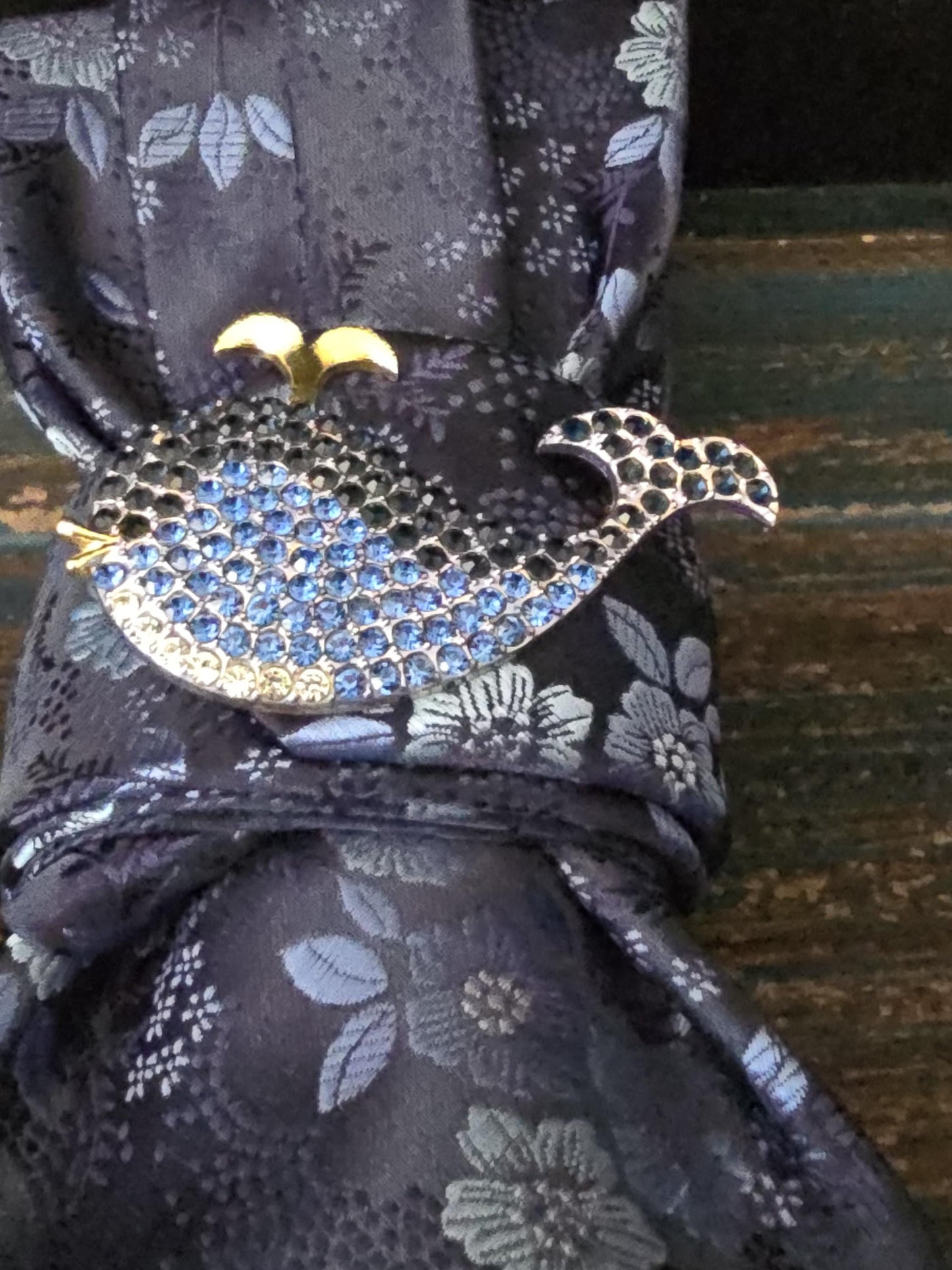 Blue Floral Silk Tie Necklace: Rhinestone Brooch, Handmade Statement Jewelry