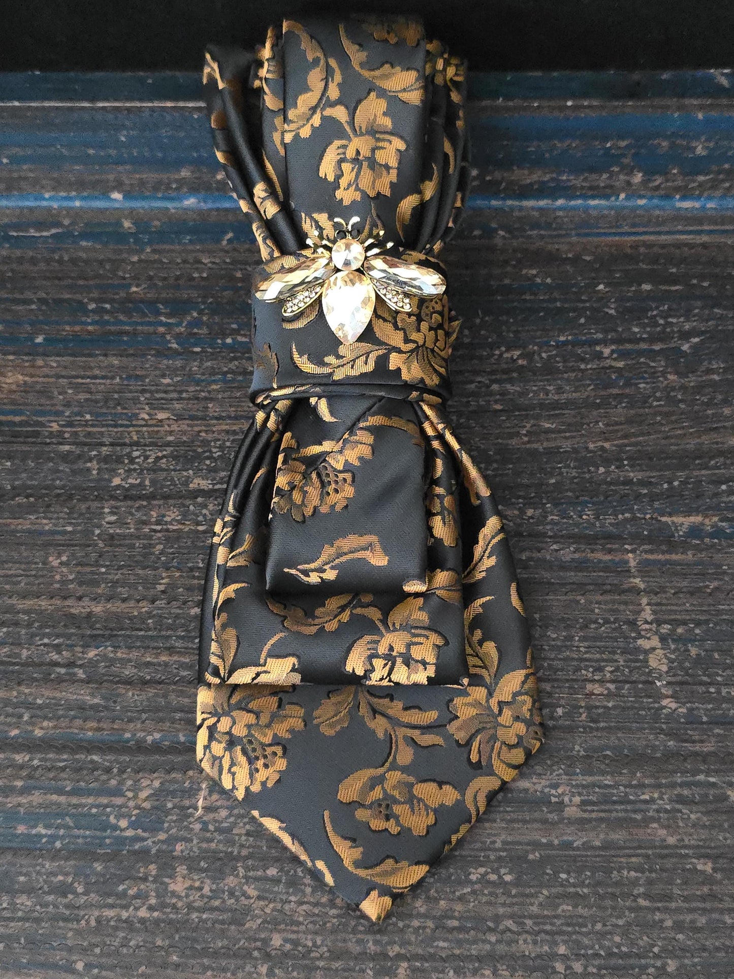 Black and Gold Floral Women's Tie- Crystal Fly Brooch Necklace - Handcrafted Statement Jewelry - Brooch Necktie -Stylish Neckwear For Women