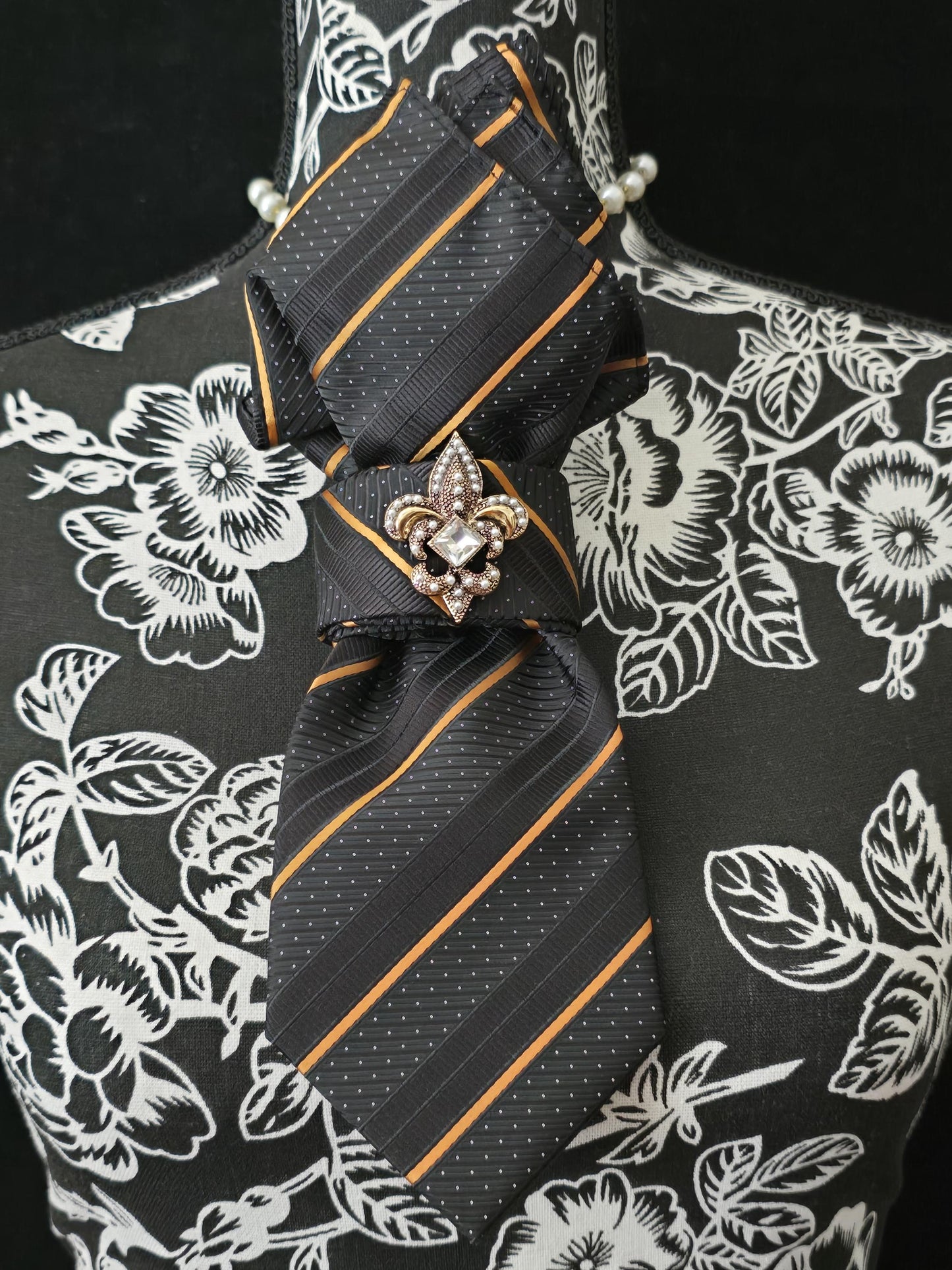 Simply Elegant Black and Gold Stripe Women's Necktie Necklace - Handcrafted Statement Jewelry - Brooch Necktie - Stylish Neckwear For Women