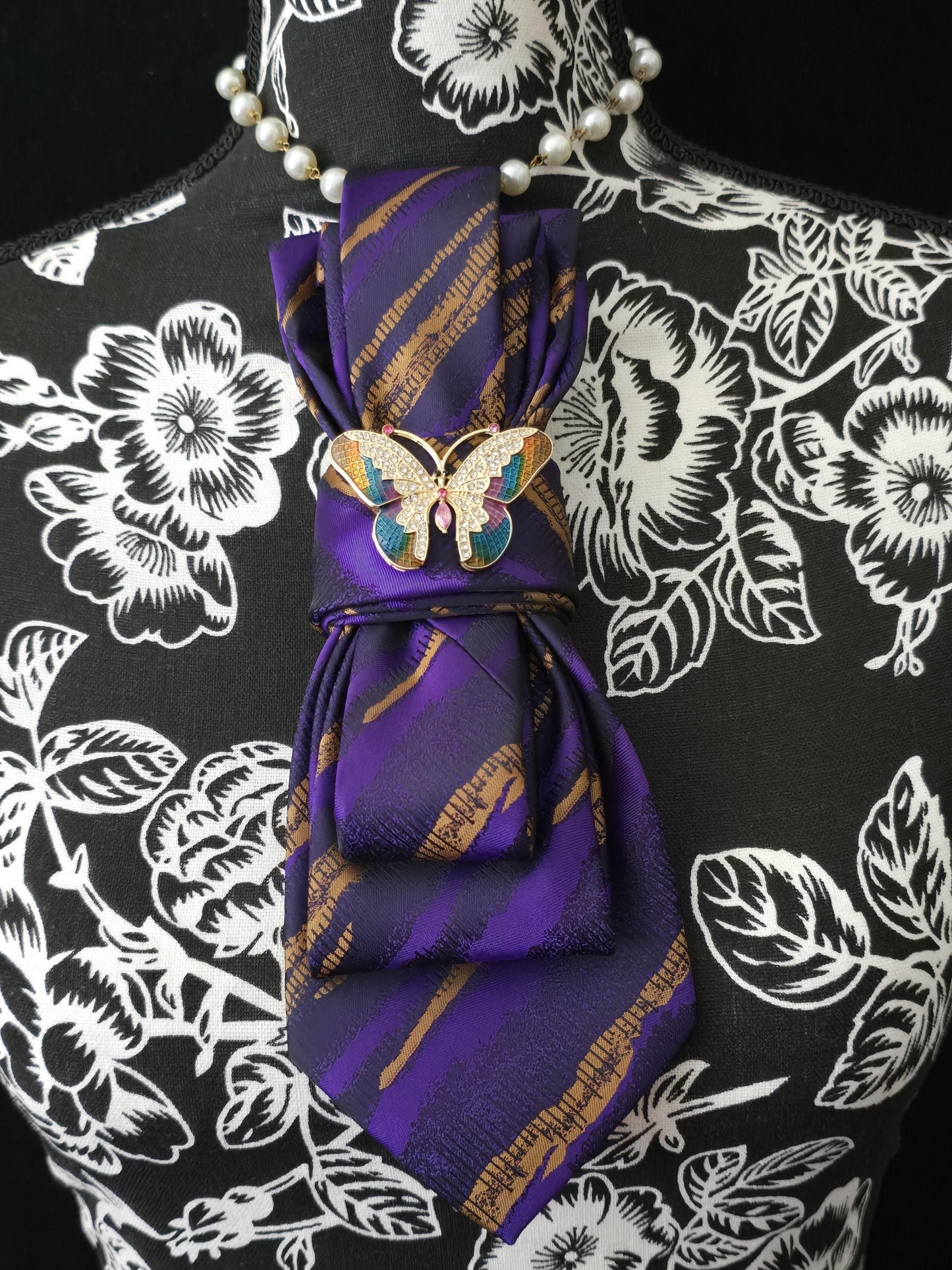 Butterfly Brooch Necklace - Purple, Gold and Black Women's Tie-Handcrafted Statement Jewelry - Brooch Necktie - Stylish Neckwear For Women