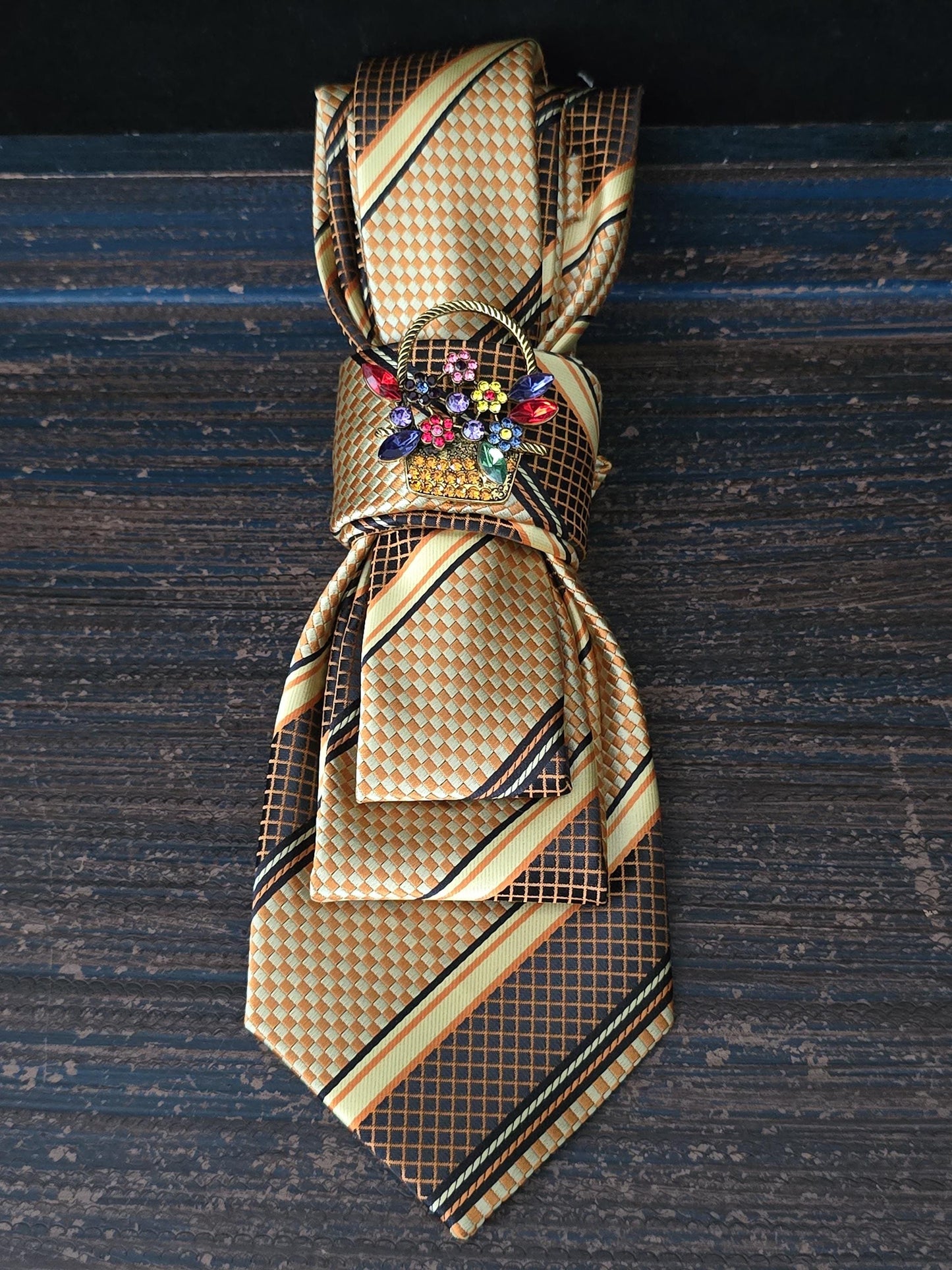 Multi Color Stripe Women's Tie-  Brooch Necklace - Handcrafted Statement Jewelry - Brooch Necktie - Stylish Neckwear For Women