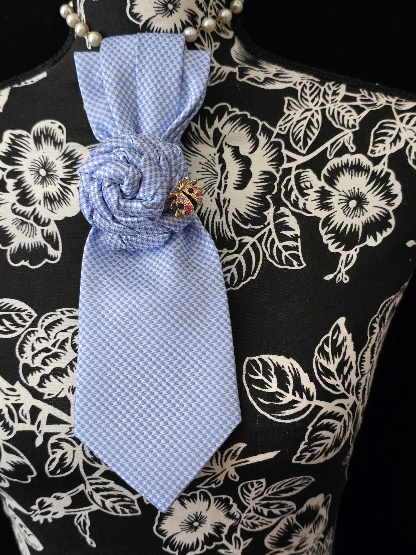 Handcrafted Silk Necktie Necklace: Ladybug Brooch Statement Jewelry