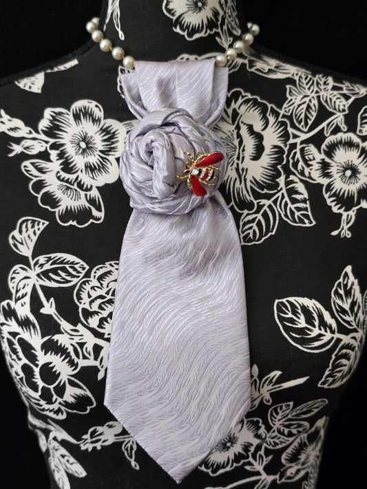 Gray Silk Necktie Necklace: Bumble Bee Brooch, Handmade Statement Jewelry