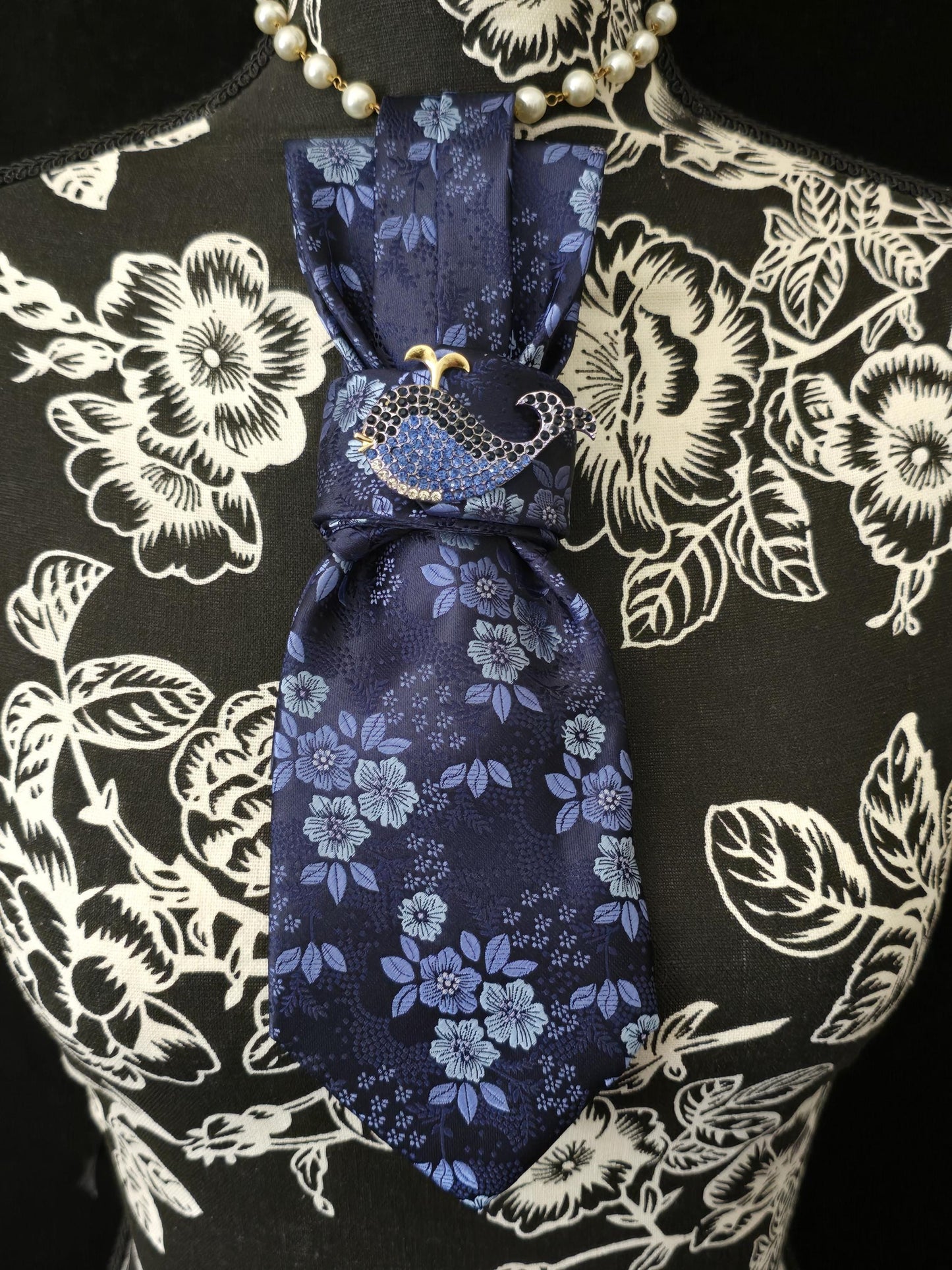 Blue Floral Silk Tie Necklace: Rhinestone Brooch, Handmade Statement Jewelry