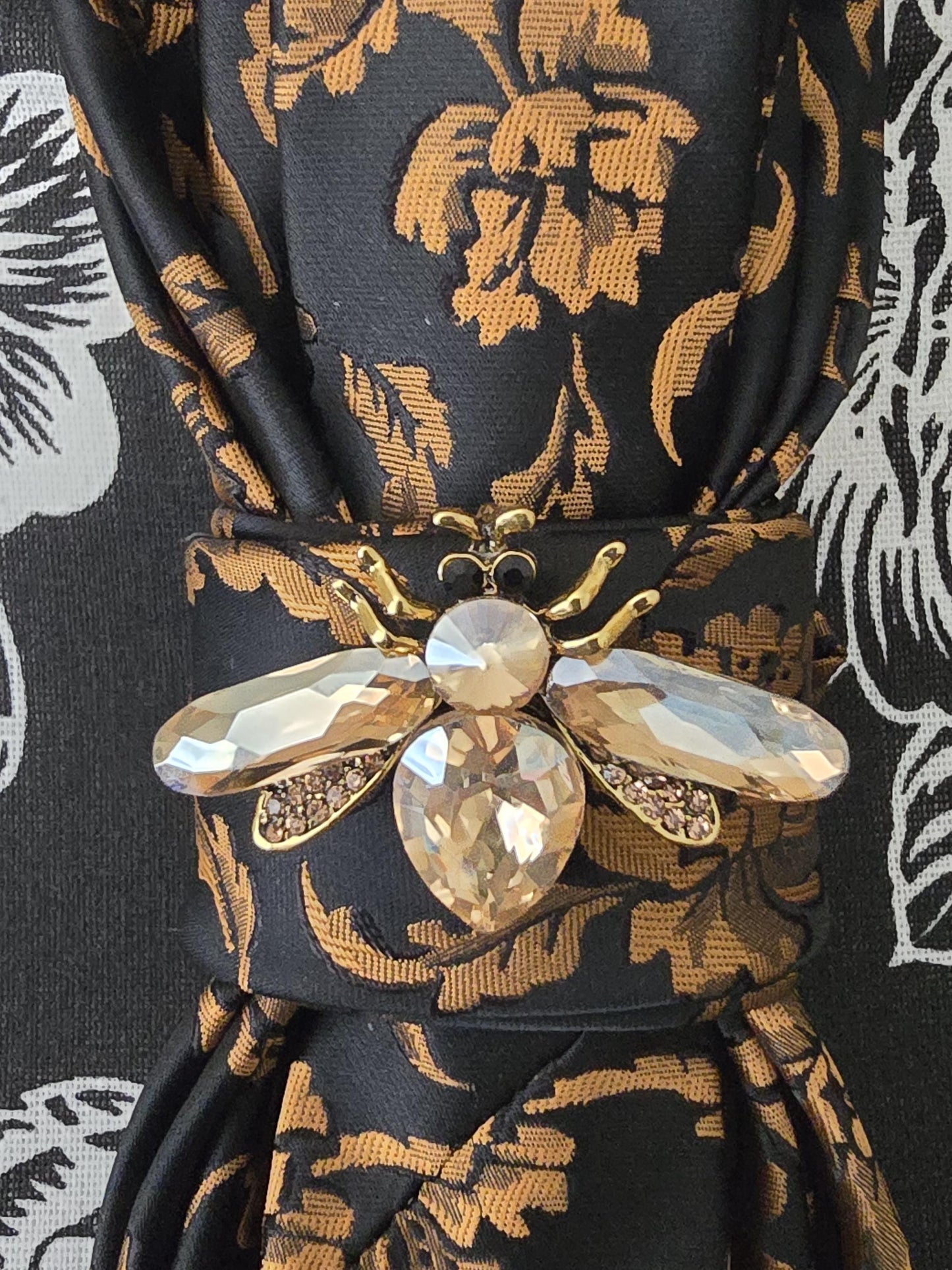 Black and Gold Floral Women's Tie- Crystal Fly Brooch Necklace - Handcrafted Statement Jewelry - Brooch Necktie -Stylish Neckwear For Women