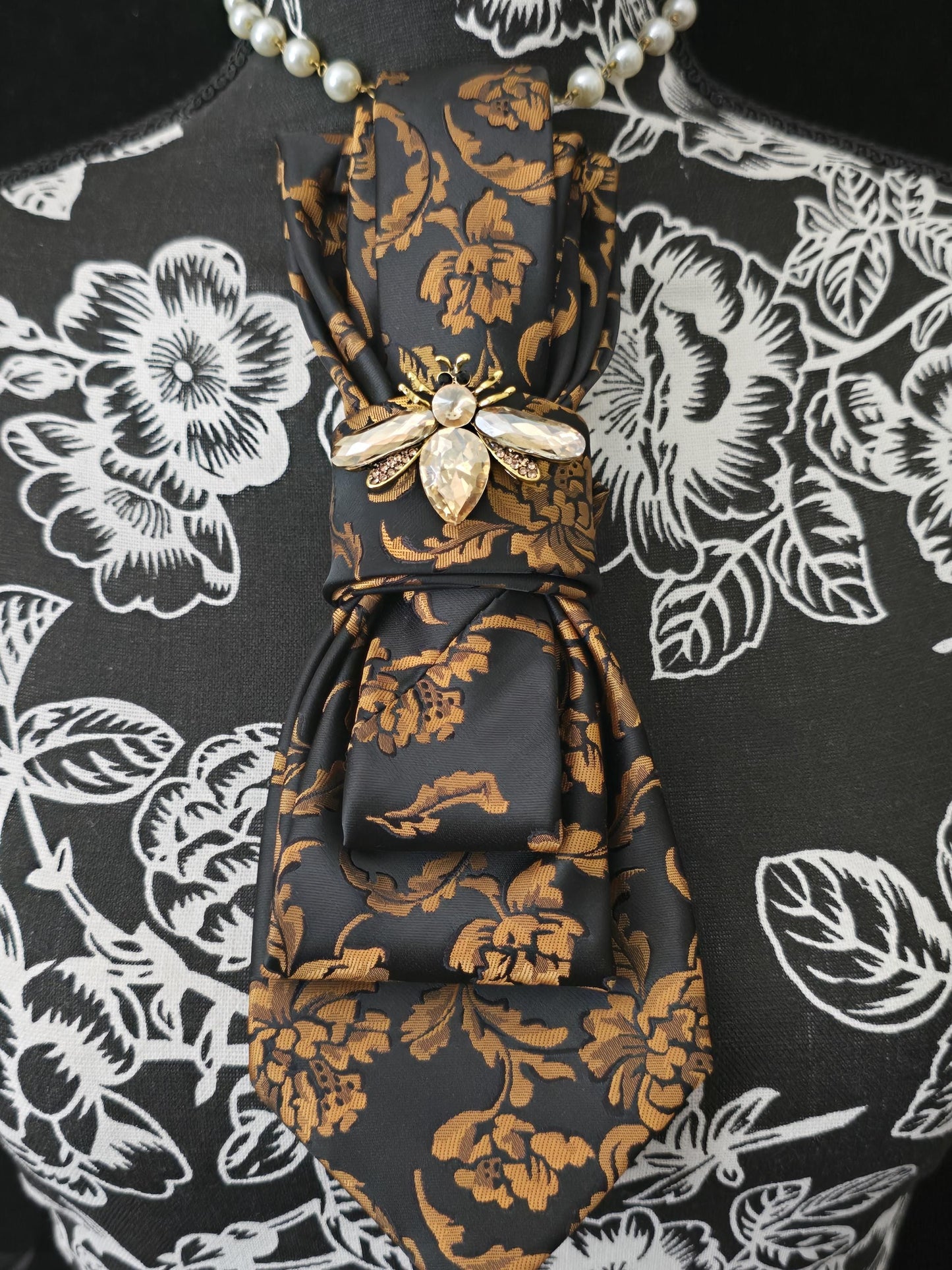 Black and Gold Floral Women's Tie- Crystal Fly Brooch Necklace - Handcrafted Statement Jewelry - Brooch Necktie -Stylish Neckwear For Women
