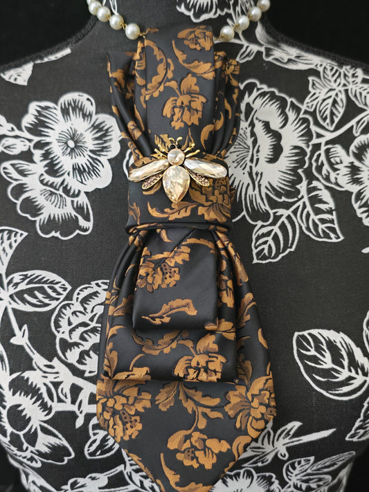 Black and Gold Floral Women's Tie- Crystal Fly Brooch Necklace - Handcrafted Statement Jewelry - Brooch Necktie -Stylish Neckwear For Women