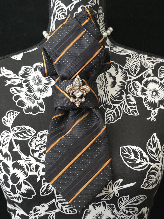 Simply Elegant Black and Gold Stripe Women's Necktie Necklace - Handcrafted Statement Jewelry - Brooch Necktie - Stylish Neckwear For Women