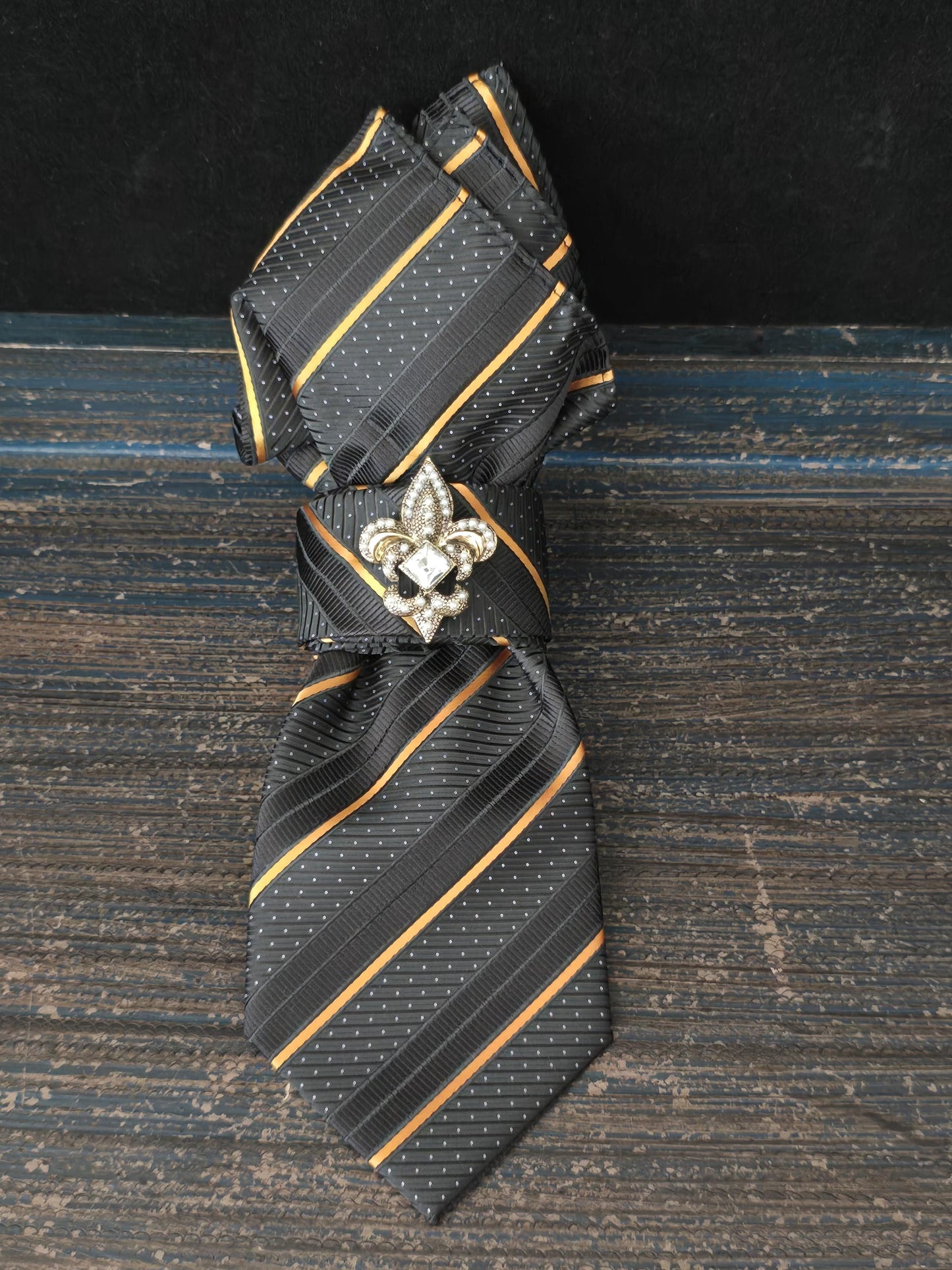 Simply Elegant Black and Gold Stripe Women's Necktie Necklace - Handcrafted Statement Jewelry - Brooch Necktie - Stylish Neckwear For Women